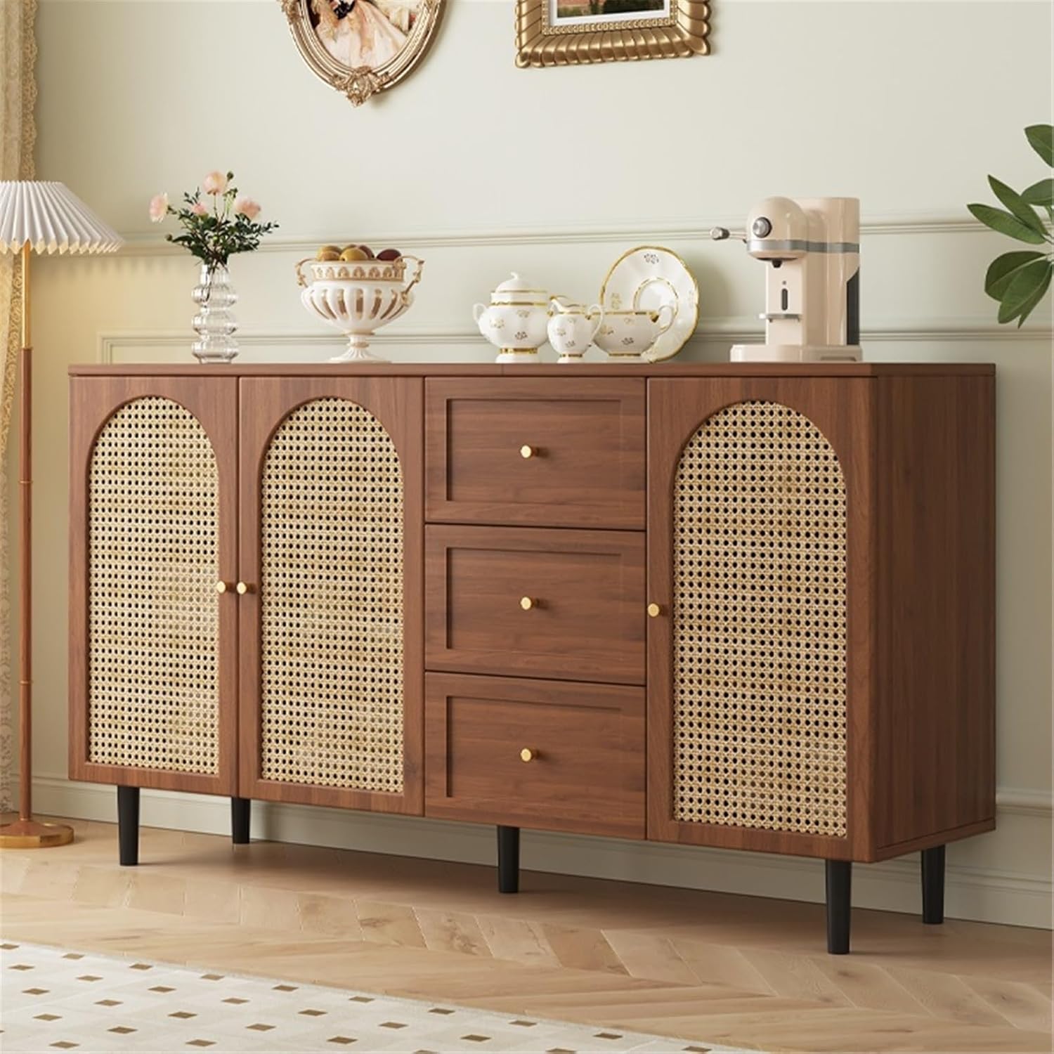 Sideboard Cabinet Sideboard Simple Rattan Storage Three Doors with Drawers Home Restaurant Tea Kitchen 160cm Console Coffee Table