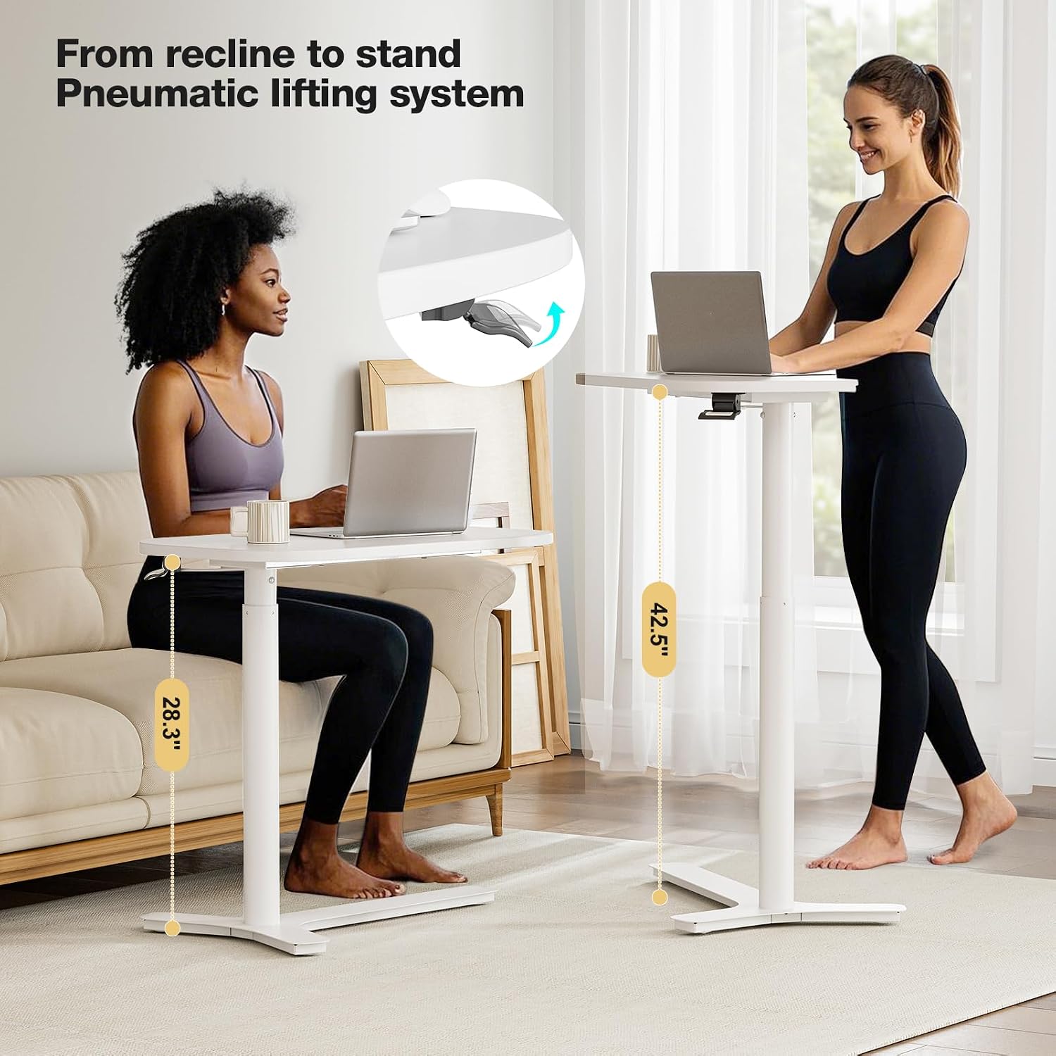 Muvai Overbed Bedside Table with Hidden Casters,30 Inches Adjustable Height Pneumatic Mobile Laptop Standing Desk, Rolling Computer Table for Home & Hospital Use ，White 30" W x 17.7" D