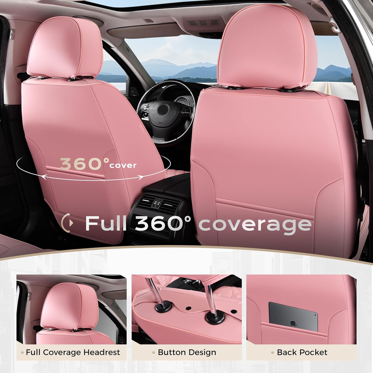 Coverado Full Set Car Seat Covers, Luxury Faux Leather Waterproof Seat Covers, Pink Car Seat Protectors, Universal Fit for Most Cars, Automotive Seat Covers-Pink