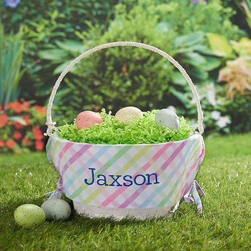 Vista 2 de Cesta de huevo de Pascua personalizada con asa y nombre personalizado Forros de cesta de Pascua multicolor Cesta blanca Cestas de Pascua