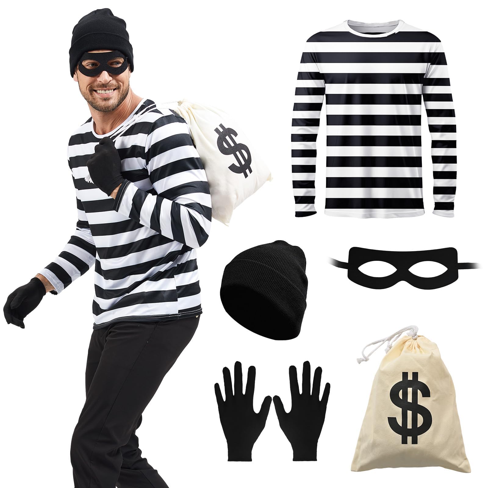 AKFJDLAD Men Bank Robber Costume Thief Fancy Dress Costume Set Burglar Accessories for Cosplay Halloween Carnival (L)