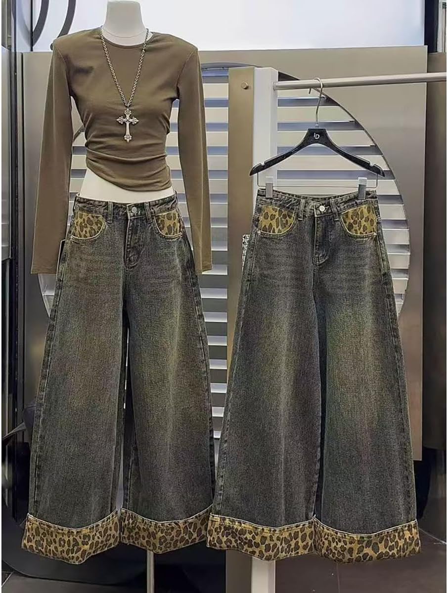 American Street Style Women's Retro Leopard Print Patchwork Jeans, Spicy Girl Street Loose Hip-hop Wide Leg Pants