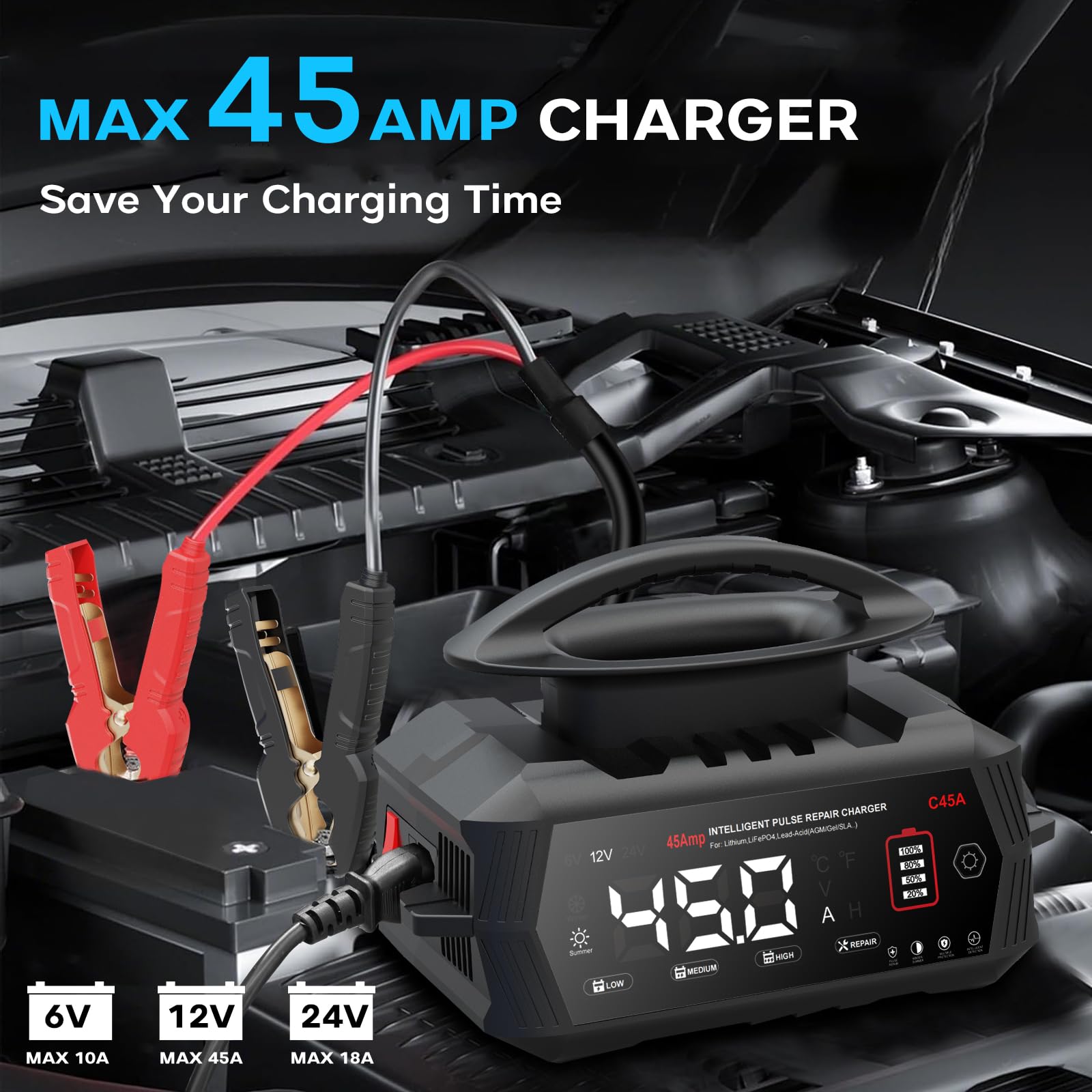 Haisito, caricabatterie intelligente da 45 A, 6 V/12 V/24 V, con display LCD, manutenzione della batteria, carica di mantenimento e solfatazione per AGM, litio, LiFePO4, acido piombo (moto, camper