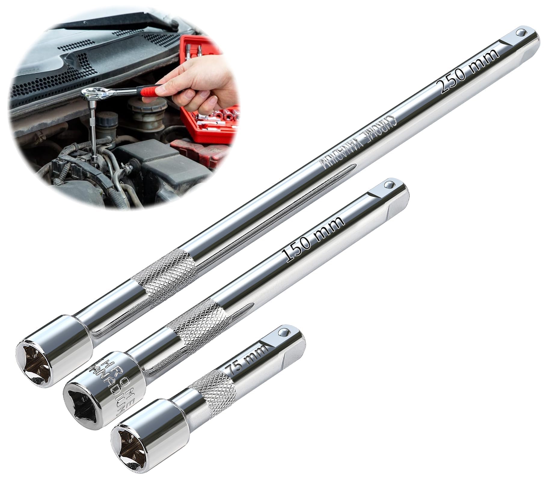 Extension Set 3/8 Inch 75 mm 150 mm 250 mm Extension Bar Set 3 Pieces Extension Set Ratchet Steel CR-V for Impact Screwdriver Wrench Ratchet
