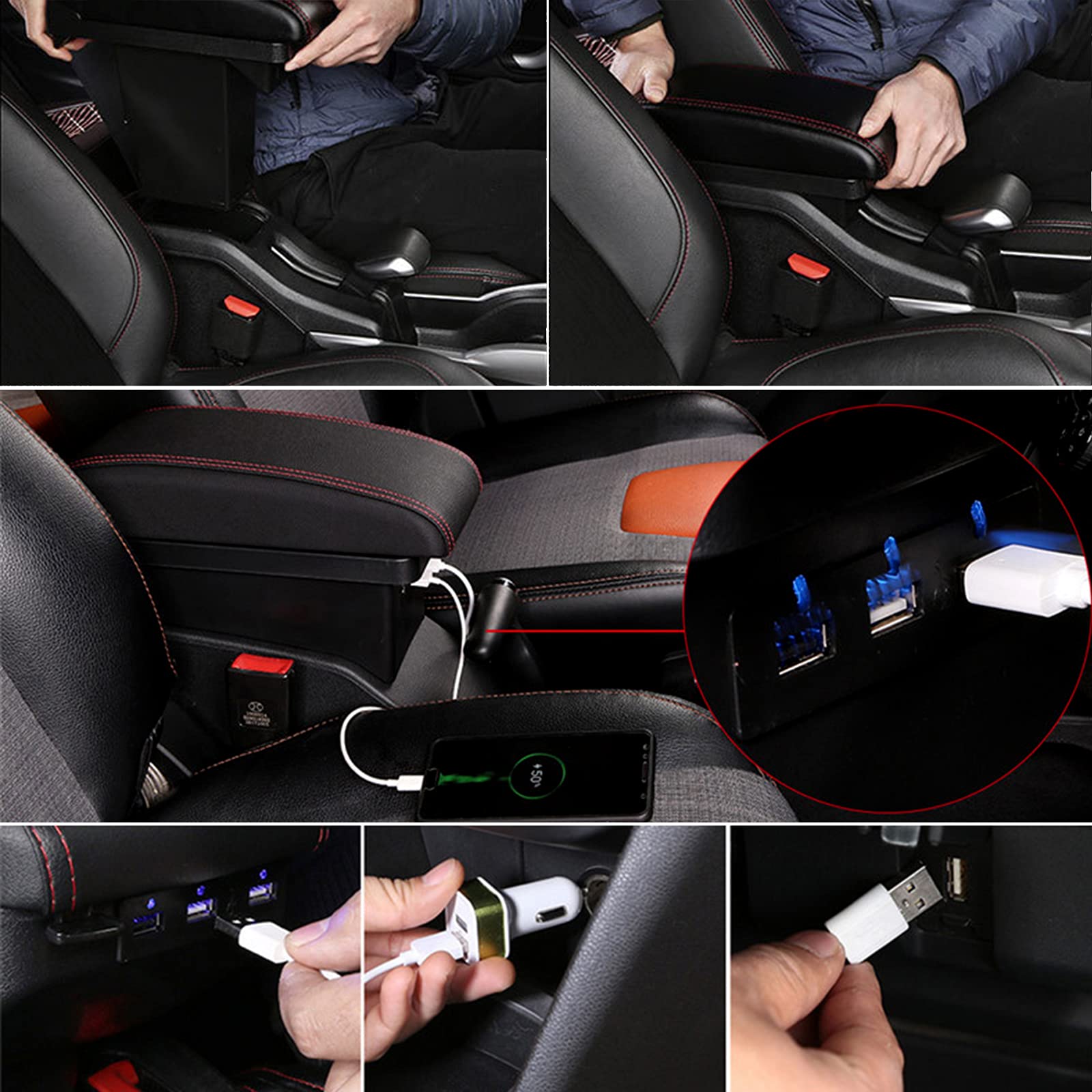 Podłokietnik samochodowy do Peugeot 208 2013-2018, dwuwarstwowy, czarny, skórzany podłokietnik, konsola środkowa z 3 interfejsami USB, akcesoria do wnętrza samochodu
