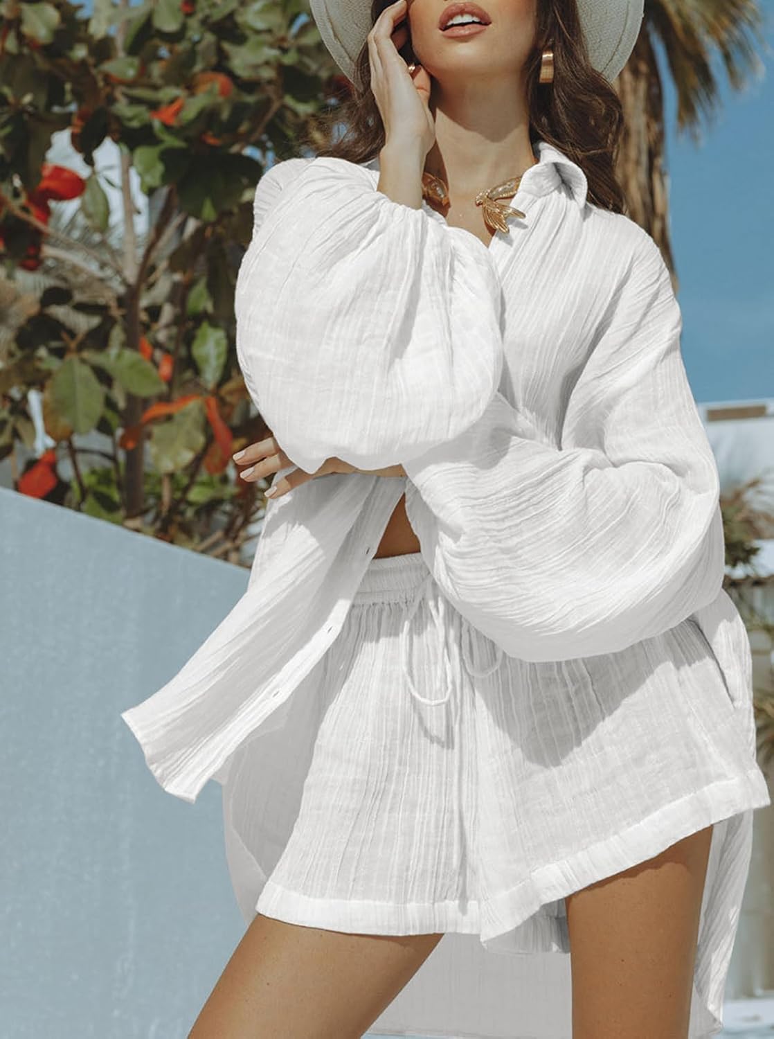 Fixmatti Women 2 Piece Outfits Summer Shorts Sets Lantern Sleeve Button Down Shirt and Shorts Sweatsuit - Image 2