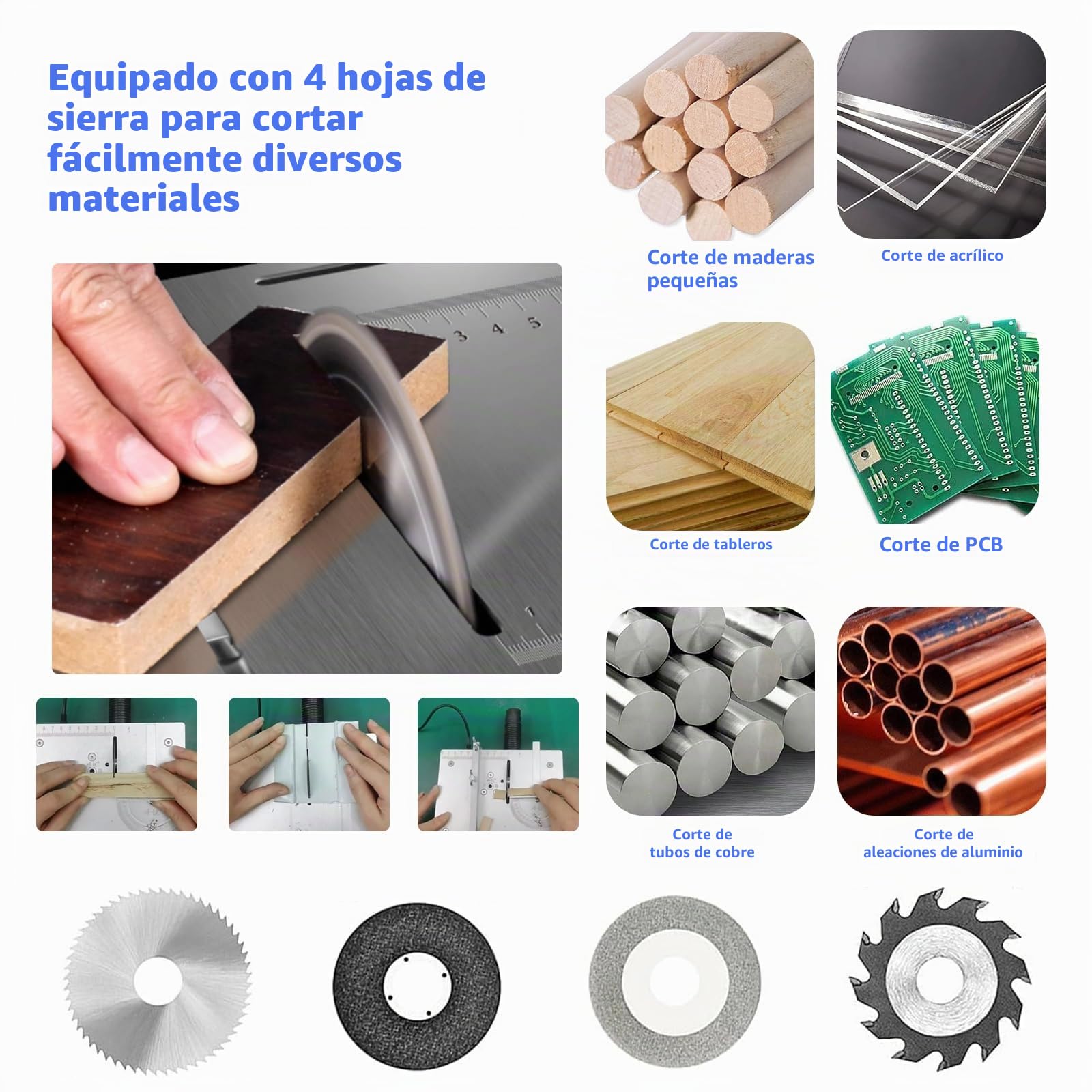 Mini sierra circular de mesa, fuente de alimentación de 7 velocidades, sierra de mesa ajustable de precisión con 4 cuchillas, sierra circular de mesa de 96 W, hoja de sierra portátil de 0,1-15 mm