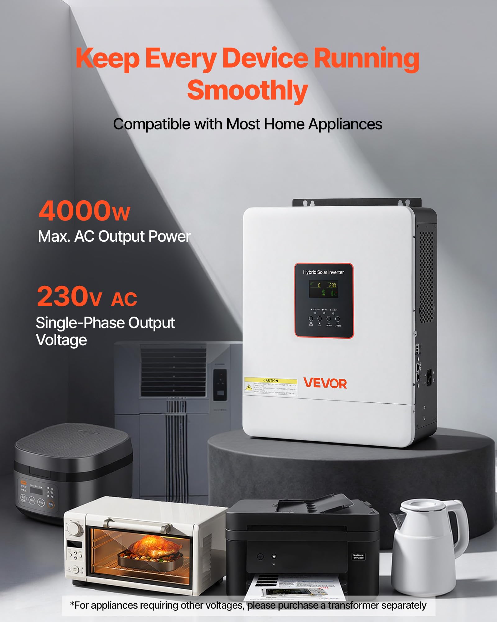 VEVOR Inverter Solare Ibrido 4000 W da 24 V CC a 230 V CA, Inverter e Caricabatterie a Onda Sinusoidale Pura con Regolatore Solare MPPT da 120 A Integrato, Modulo WiFi, Monofase