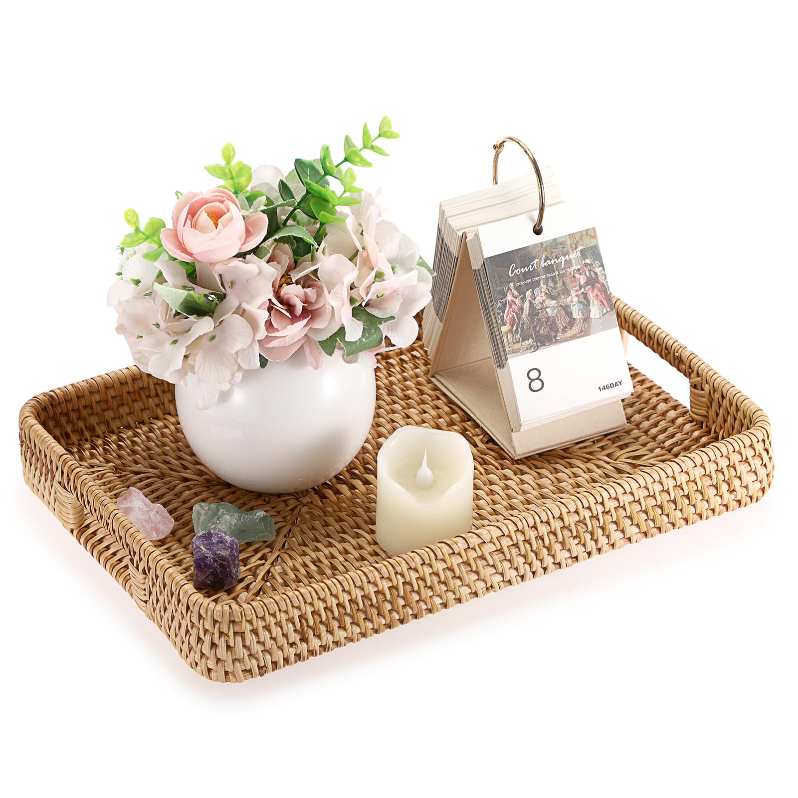 Hipiwe Handwoven Rattan Serving Tray Rectangular Wicker Tray with Handles Natural Decorative Trays for Storage Breakfast, Dessert, Fruit for Coffee