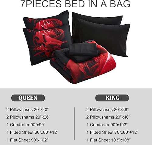 Miniatura 9 de Juego de edredón rojo tamaño King de 7 piezas en una bolsa, edredón de flores de rosas rojas con juego de sábanas, juego de ropa de cama reversible