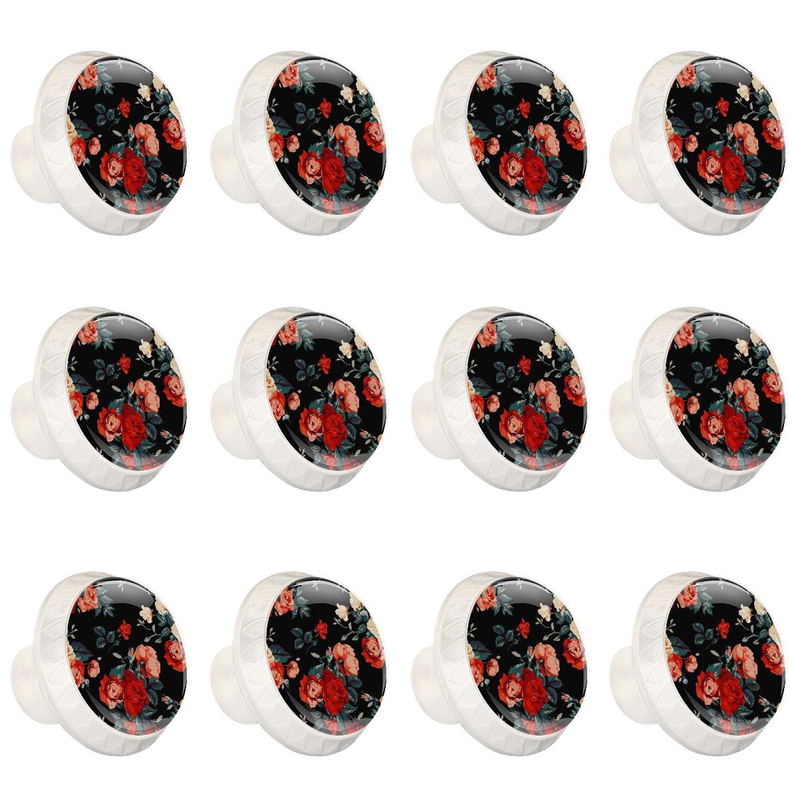 Boutons d'armoires de cuisine ronds en motif fleur florale noire pour tiroir et commode x12
