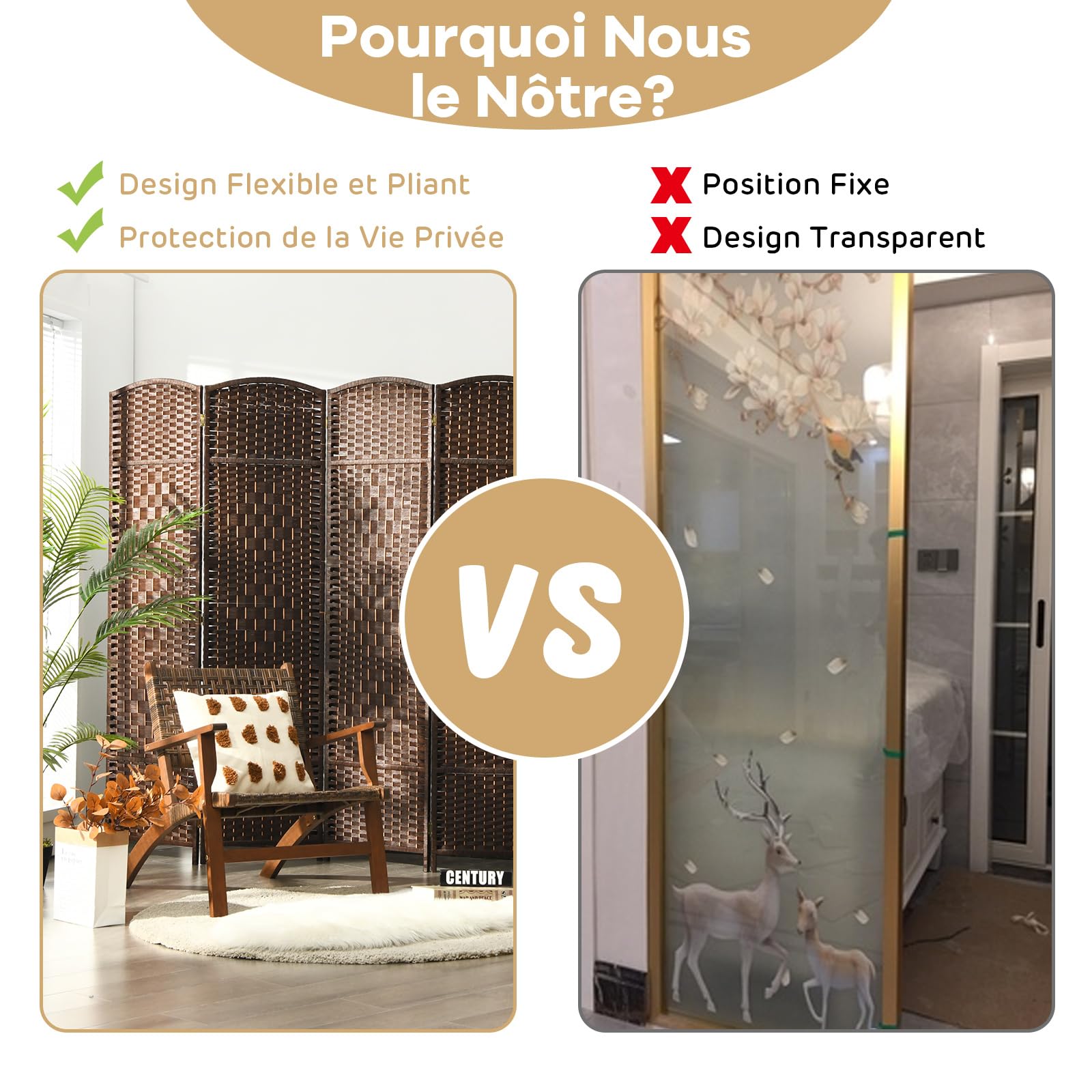 COSTWAY Paravent Interieur Exterieur Pliable à 6 Panneaux, Cloison de Separation Interieur 273 x 180, cm, Cadre en Bois de Peuplier, Separateur de Pieces pour Salon Bureau Balcon (273 x 180 cm,Marron)