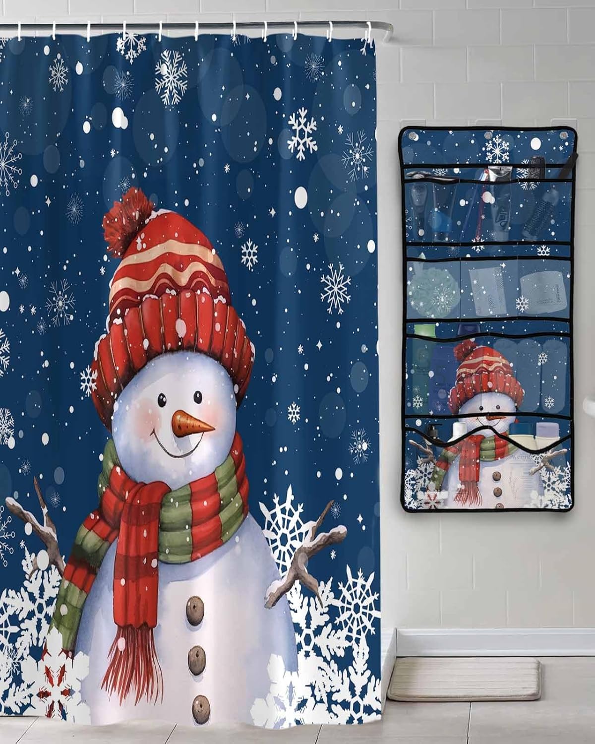 Shower Curtain Mesh Shower Organizer Hanging Set Christmas Snowman with Cap Xmas Tree Snowflake Navy Blue Waterproof Shower