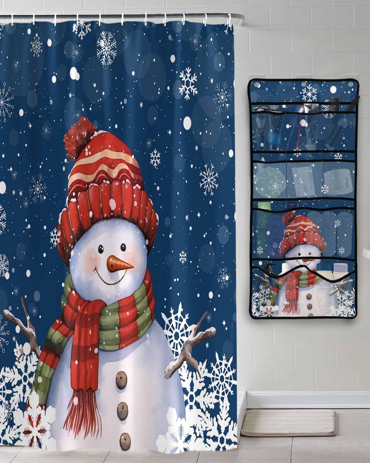 Shower Curtain Mesh Shower Organizer Hanging Set Christmas Snowman with Cap Xmas Tree Snowflake Navy Blue Waterproof Shower