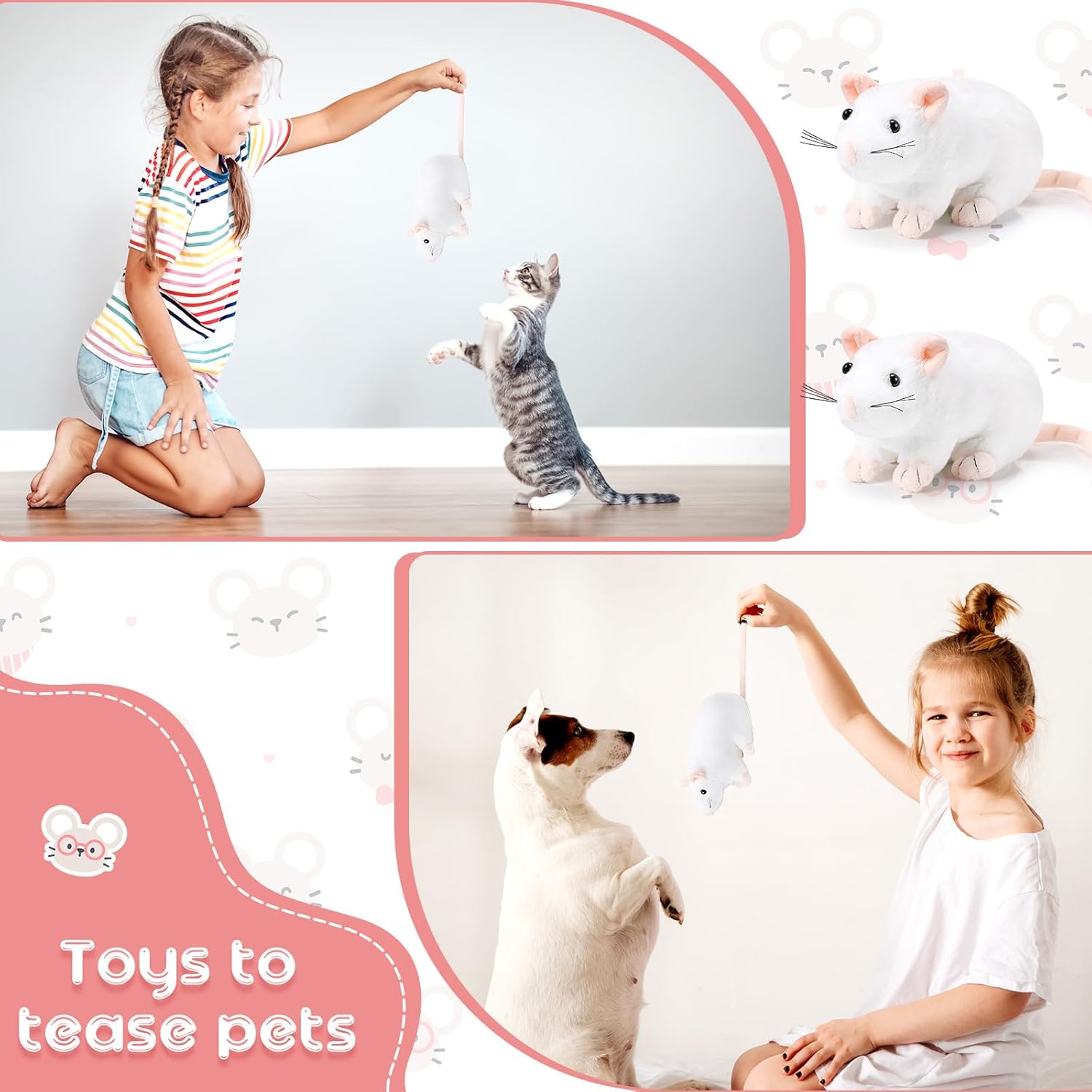 Kasyat 4 Pcs Fake Rat Stuffed Animals 7 Inch Fake Mouse Plush Toys Soft Cuddly Stuffed Mouse Realistic Rat Plushies for Birthday Prank Props April Fools Tricks(White)