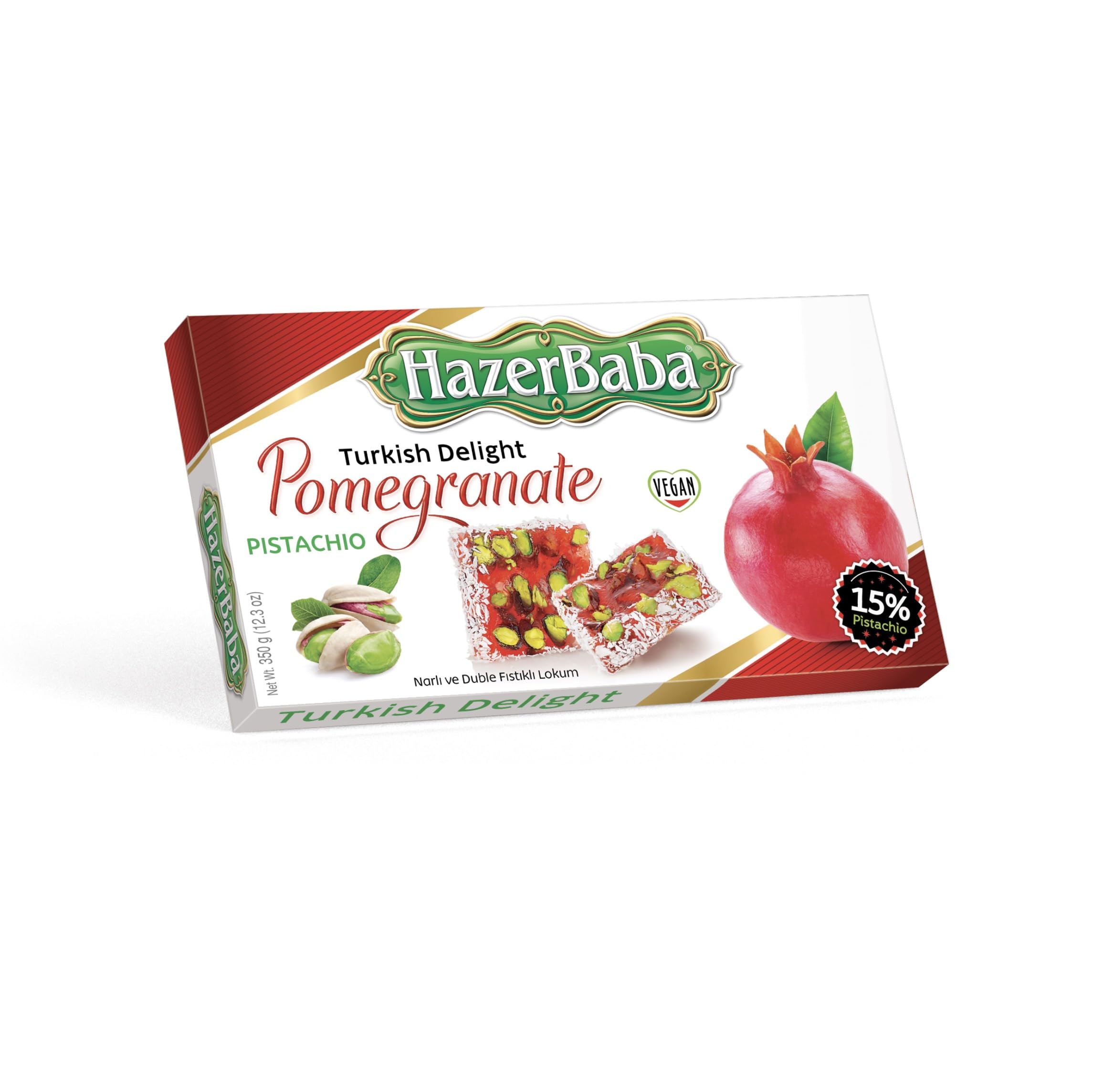 Hazer Baba Premium Turkish Delight Pistachio Candy, Pomegranate Flavored, %17 Pistachio-rich, Gourmet Snack Box, Traditional, Vegan, Lokum, Sweets, Loukumi, Delicias Turcas, Halal, Kosher, 12.3 oz (350g)