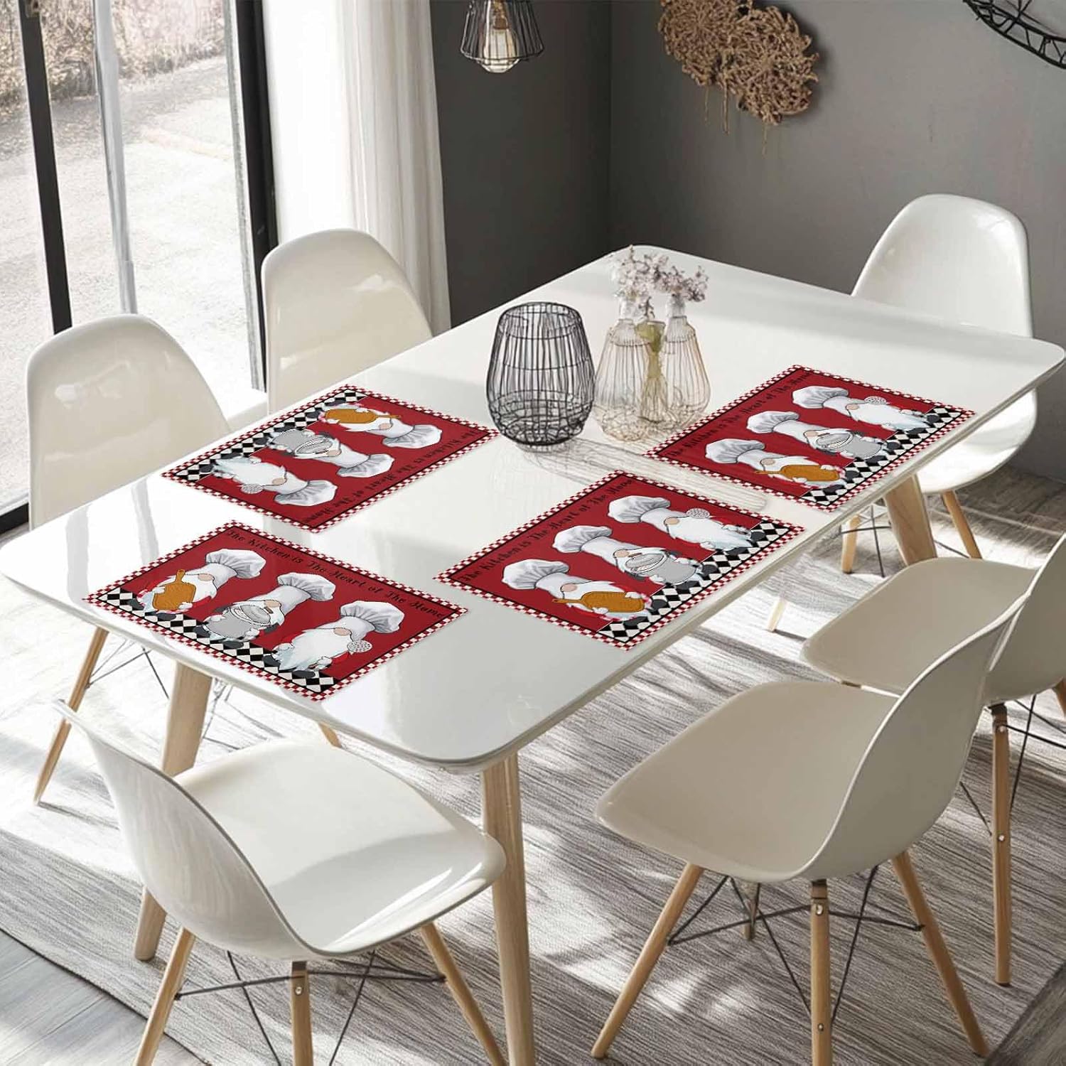 Placemats Set of 6 Kitchen Gnome Cute Chef Gourmet Pot Place Mat Washable Kitchen Dining Table Mats Red Black Plaid Placemat for Indoor Family Dinner Outdoor Wedding Holiday Party Decor