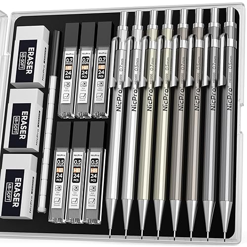 Nicpro 8 Pack 0.5mm & 0.7mm Metal Mechanical Pencil Set, MB1000 Lead Drafting Pencil for Artist Writing, Sketching, Drawing with 6 Tubes HB Lead Refills, 3PCS 4B Eraser, 9PCS Cap Eraser - With Case