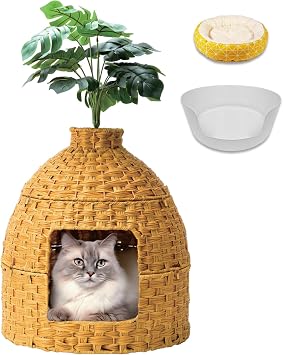 Cat Hidden Litter Box Enclosure Furniture with Cats Bed,Artificial Plants,Handwoven Rattan with Cat Litter Box and Real Stones,in Living Room, Bedroom, CornerNatural