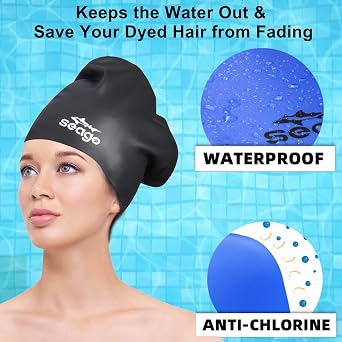Seago Swim Cap Long Hair 2 Pack Silicone Waterproof Women Adult Girls 10+