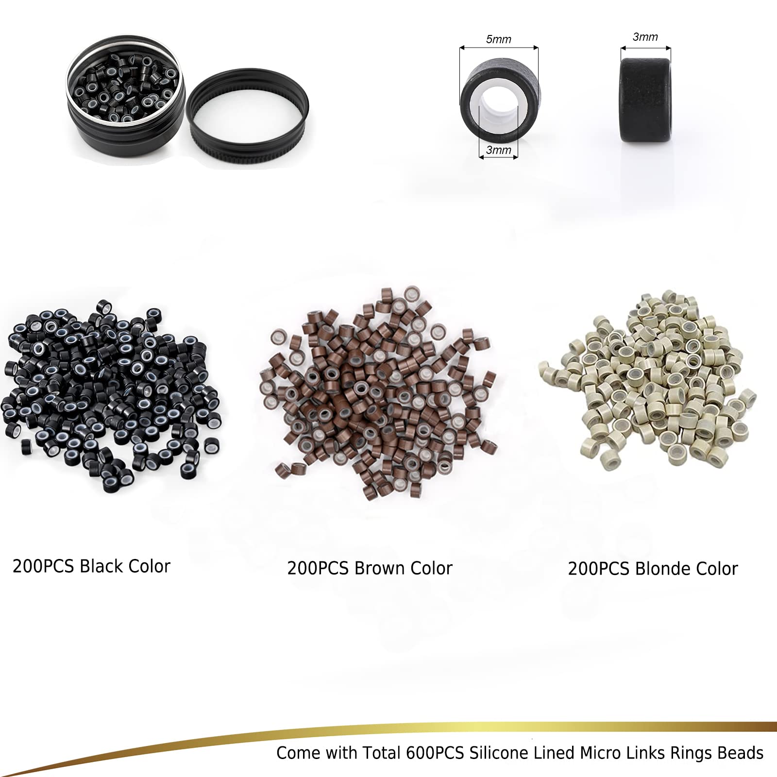EHDIS Kit di 600 pezzi di micro perline foderate in silicone per extension per capelli in acciaio inox, pinze per chiudere e rimuovere le perline, gancio per tirare i capelli e micro anello