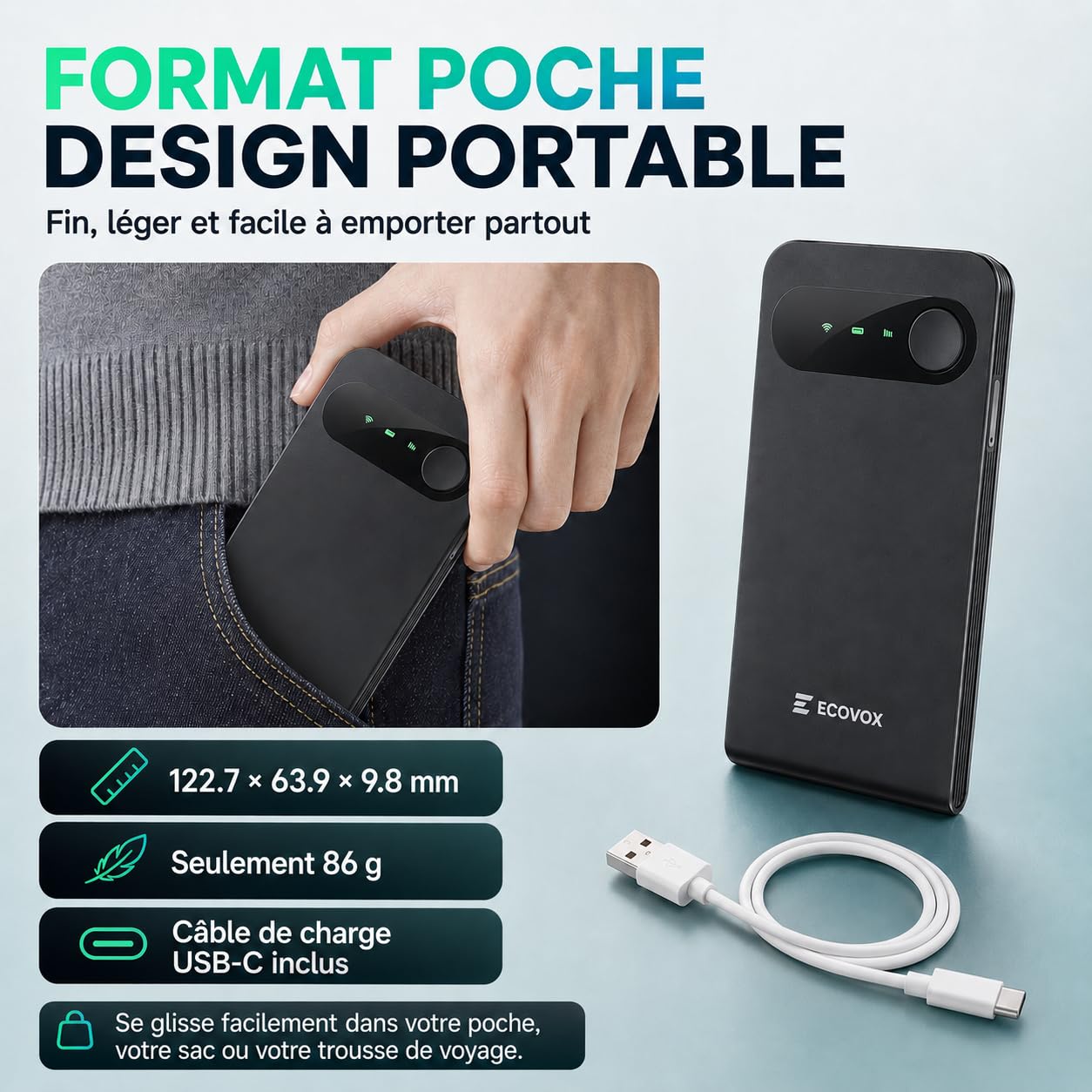 ECOVOX E1 Routeur WiFi Mobile 4G LTE sans Carte SIM, Hotspot WiFi Portable Cloud SIM avec Forfaits Via App, Connecte Jusqu’à 9 Appareils, pour Voyage et Télétravail