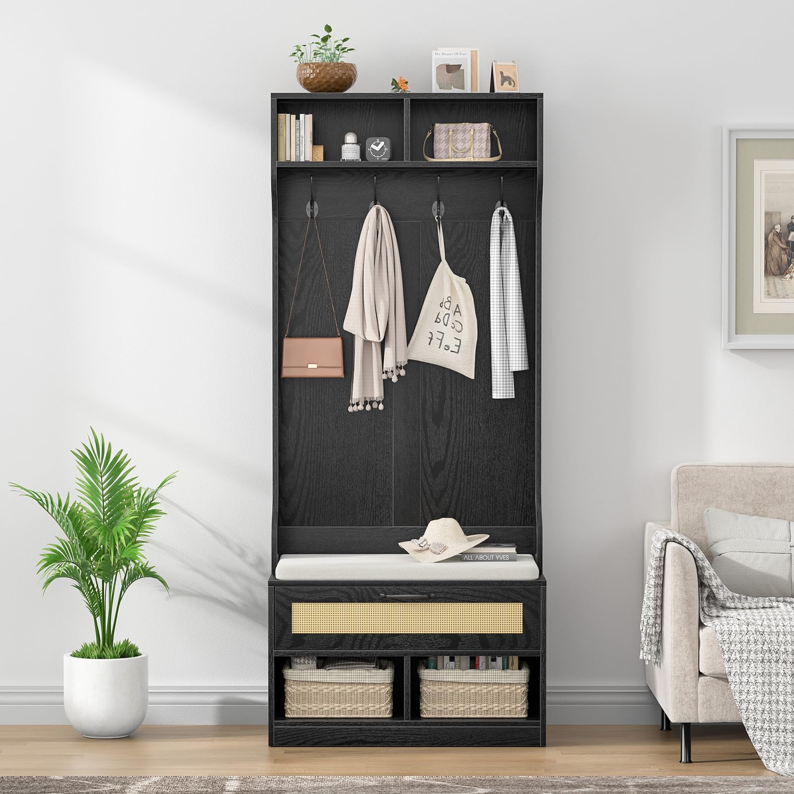 Arbre D'entrée 4 En 1, Porte-manteau Avec Banc à Chaussures, Porte-manteau Autonome Avec étagère à Chaussures à 2 Niveaux Et 10 Crochets Pour Entrée, Couloir, Rangement De Chaussures Pour 6 à 8