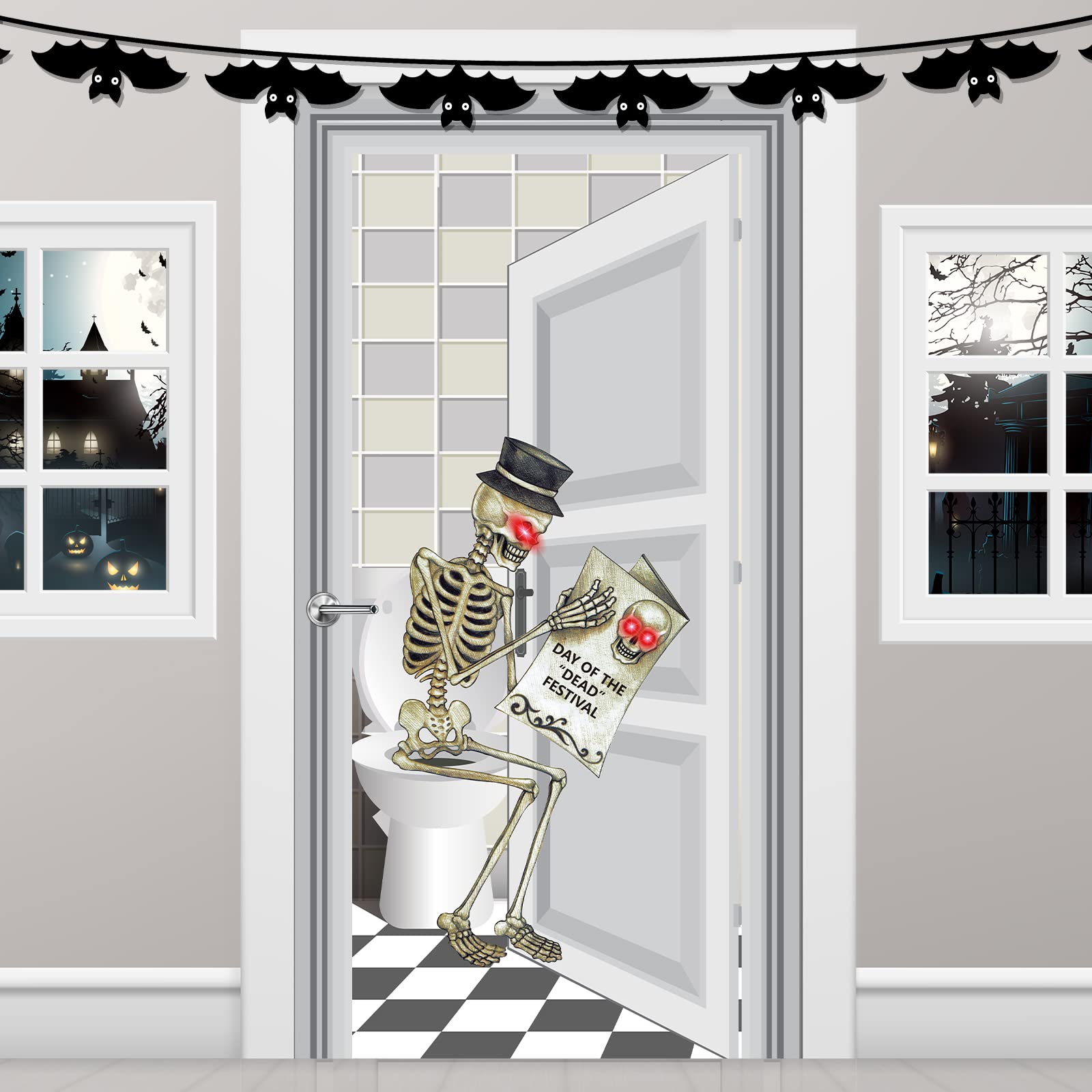 Halloween Skeleton Door Banner - 6.6x3 Ft, Funny Toilet Scene, Polyester, For Door Decor, Photo Backdrop, Party Supplies