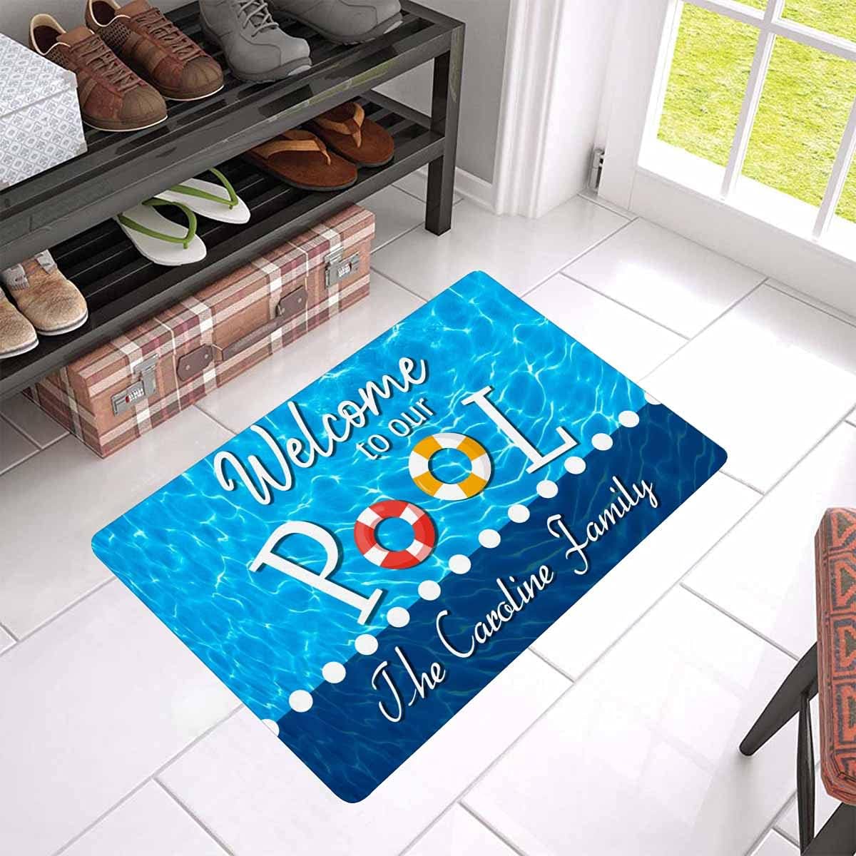 Customized Door Mat with Name Text Personalized Welcome to Our Pool Design Doormat Indoor Outdoor Rug Decor Non Slip
