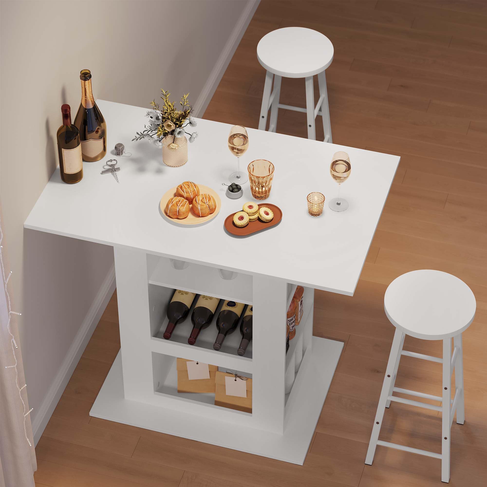 WOLTU Bartisch mit Stauraum, Stehtisch mit 2 Glashaltern, Esstisch für Bar Küche Wohnzimmer, Küchentheke aus Holz, Hochtisch 105x94x68 cm, weiß