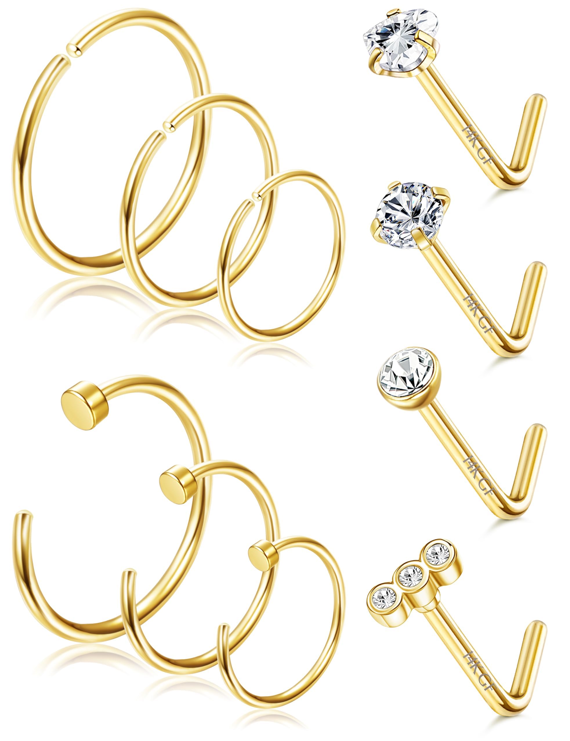 FIOROYAL Juego de 10 aretes de nariz chapados en oro de 14 quilates, 20 g, aro de nariz en forma de L, pequeños anillos de nariz falsos, anillo de labio, piercing de nariz, piercing de nariz fino,