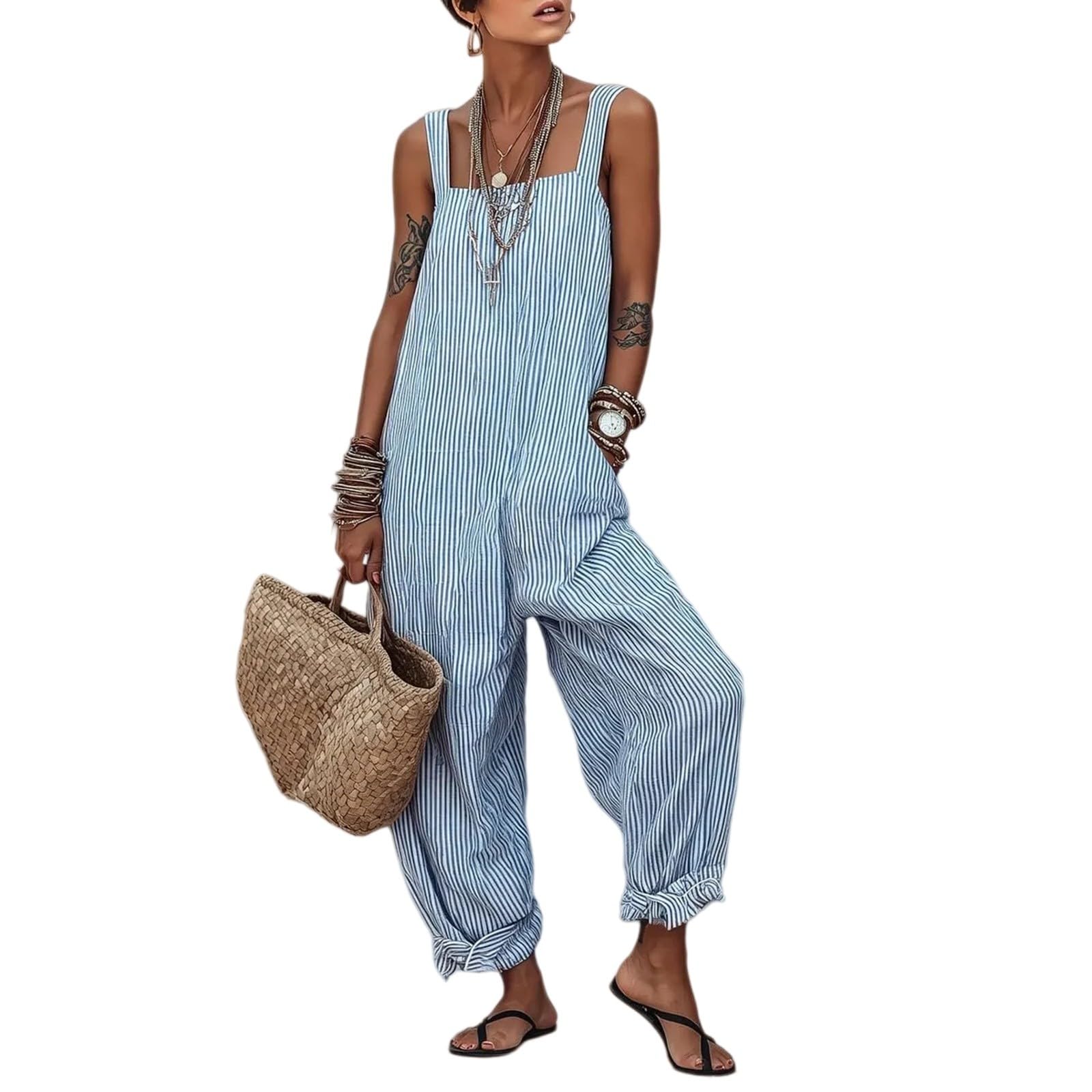 Salopette estive da donna, a righe, a gamba larga, con