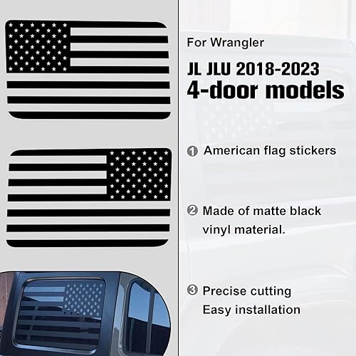 Miniatura 5 de Calcomanías de vinilo precortadas con la bandera estadounidense para Jeep Wrangler JL JLU 2018 2019 2020 2021 2022 2023 (1 par, negro mate)