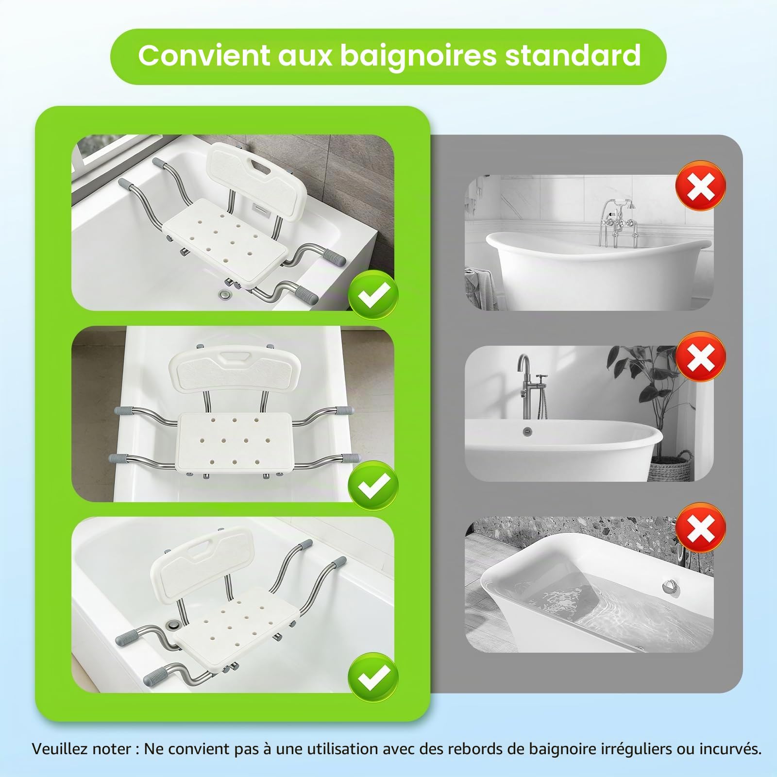Siège Baignoire Adulte avec Dossier Amovible, Planche de Bain pour Baignoire réglable 76-86 cm, Pieds antidérapants, Charge Max 150 kg – Idéal pour Personnes âgées