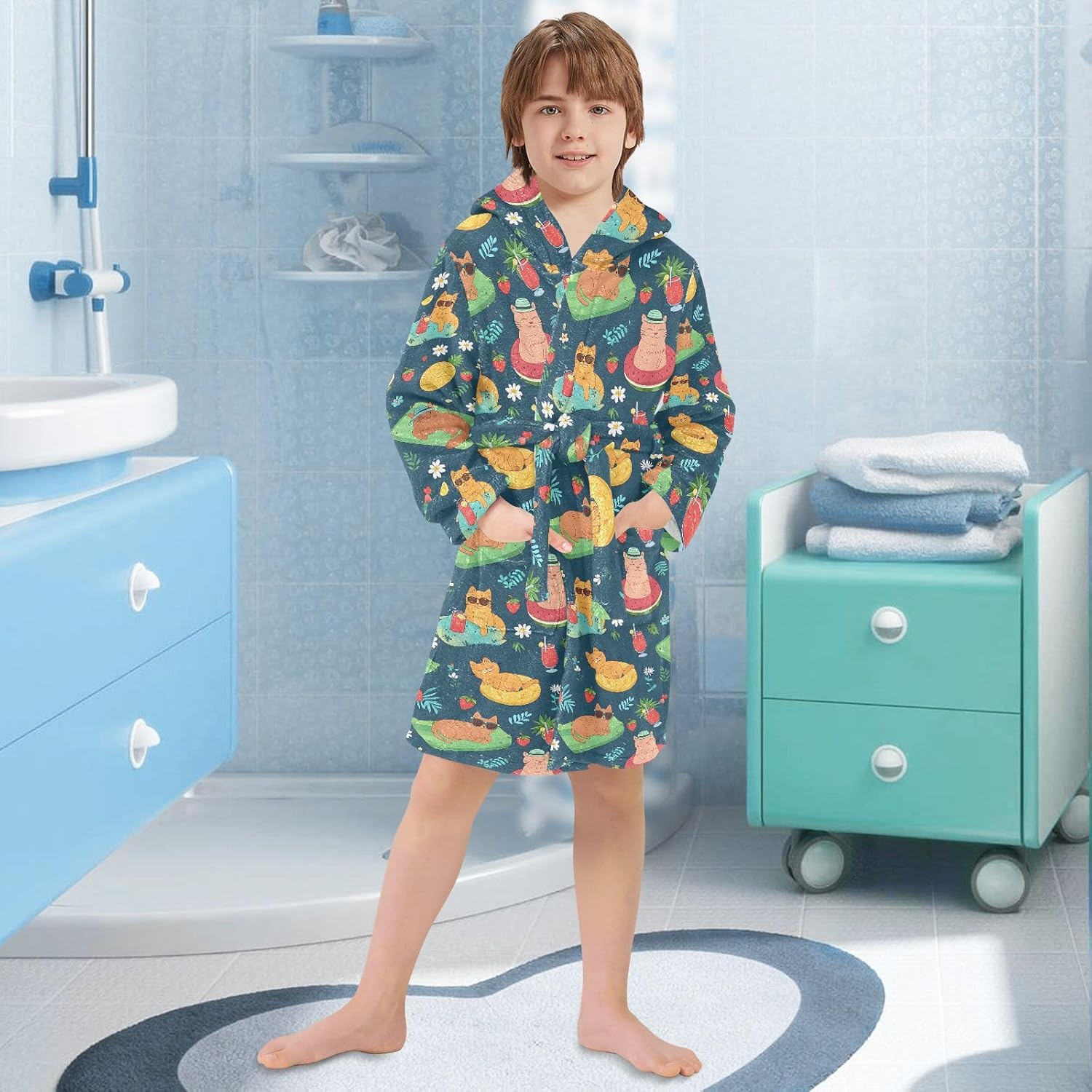 senya Summer Cat Vacation on Beach Toddler Hooded Bathrobe Kids Soft Plush Bath Towel Robes for Boys Girls 2-12 Years