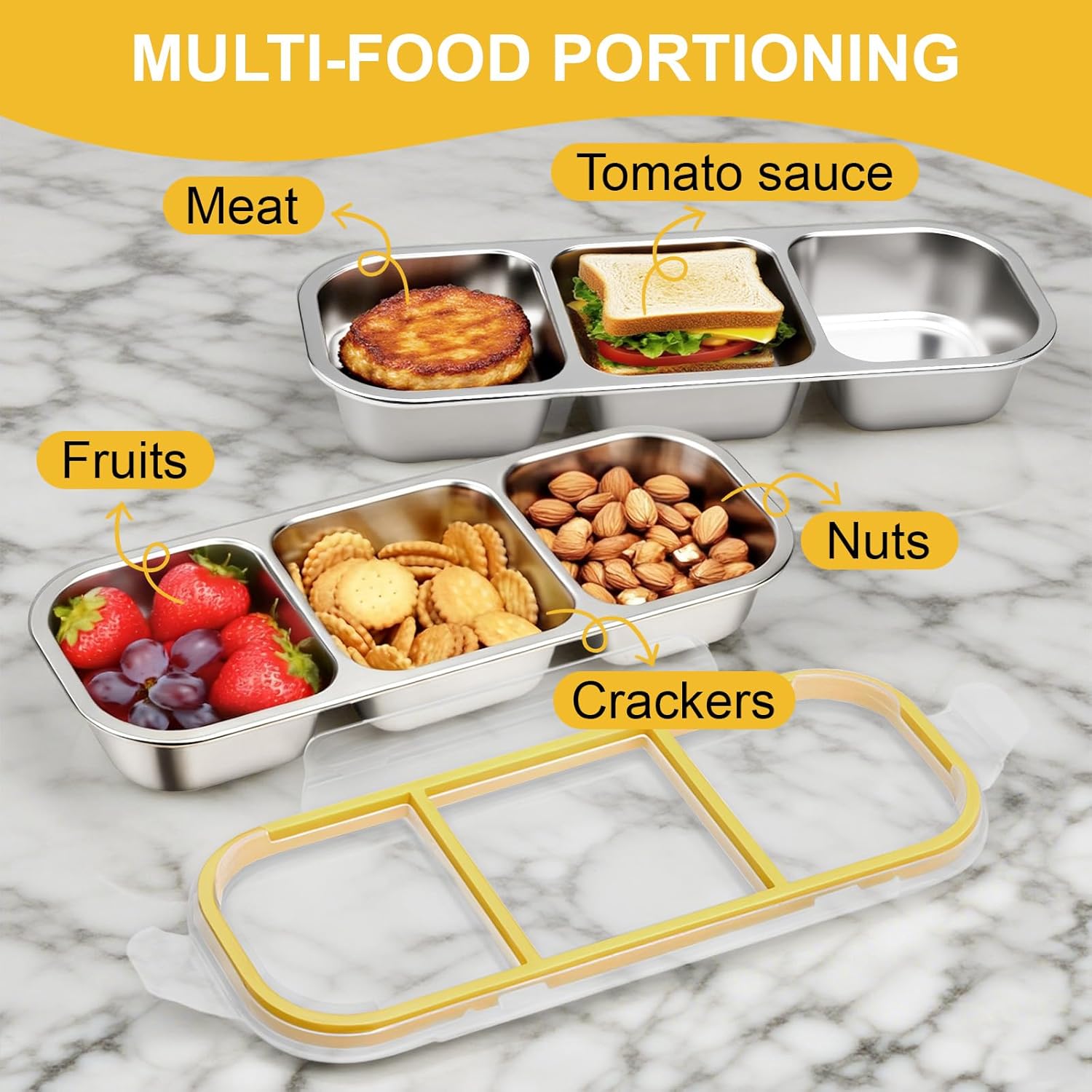 2 Pack Stainless Steel 3 Compartment Snack Containers, Leak Proof Metal Snack Box Containers for Adults, Reusable Stackable Food Storage Containers for Travel, Work, School, Picnic - Image 3