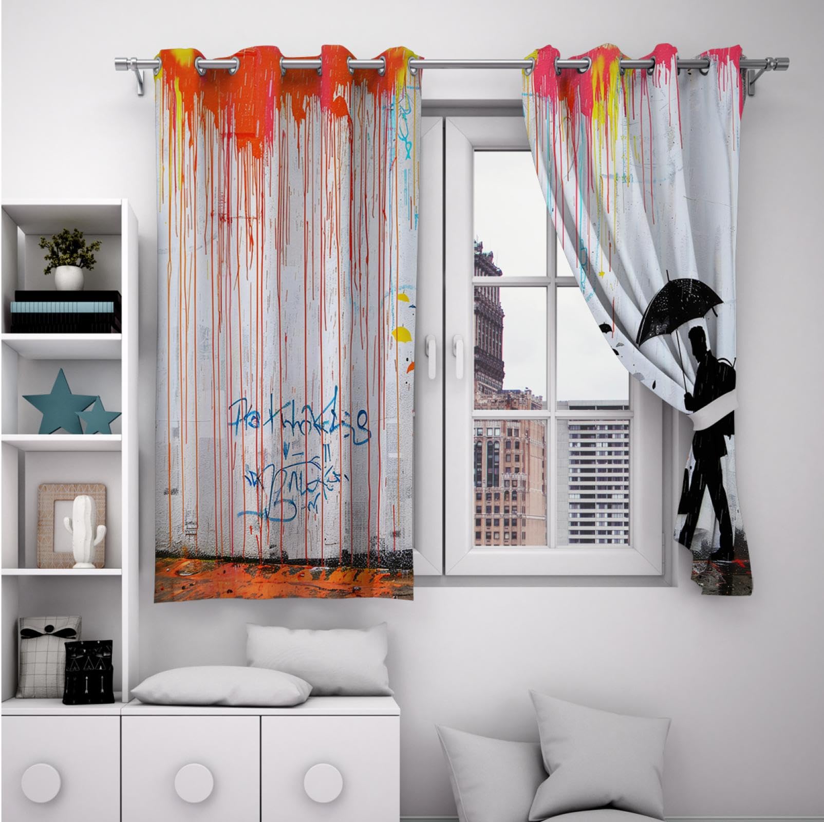 Amazon｜レインボーグラフィティカーテン父娘息子パターンウィンドウ