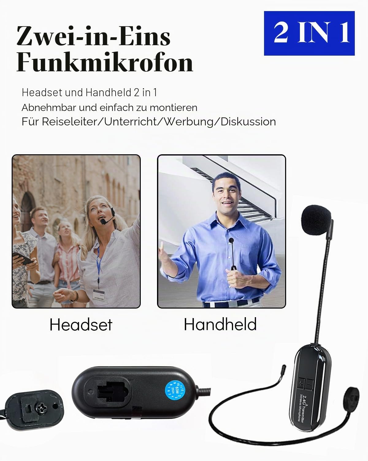 Wireless Mikrofon Headset, 2.4G Kabelloses Mikrofon, funkmikrofon headset mit 50M Reichweite, Wiederaufladbares Drahtloses Microphone Kopfbügelmikrofon für Lautsprecher, Reiseleiter,Tanzlehrer
