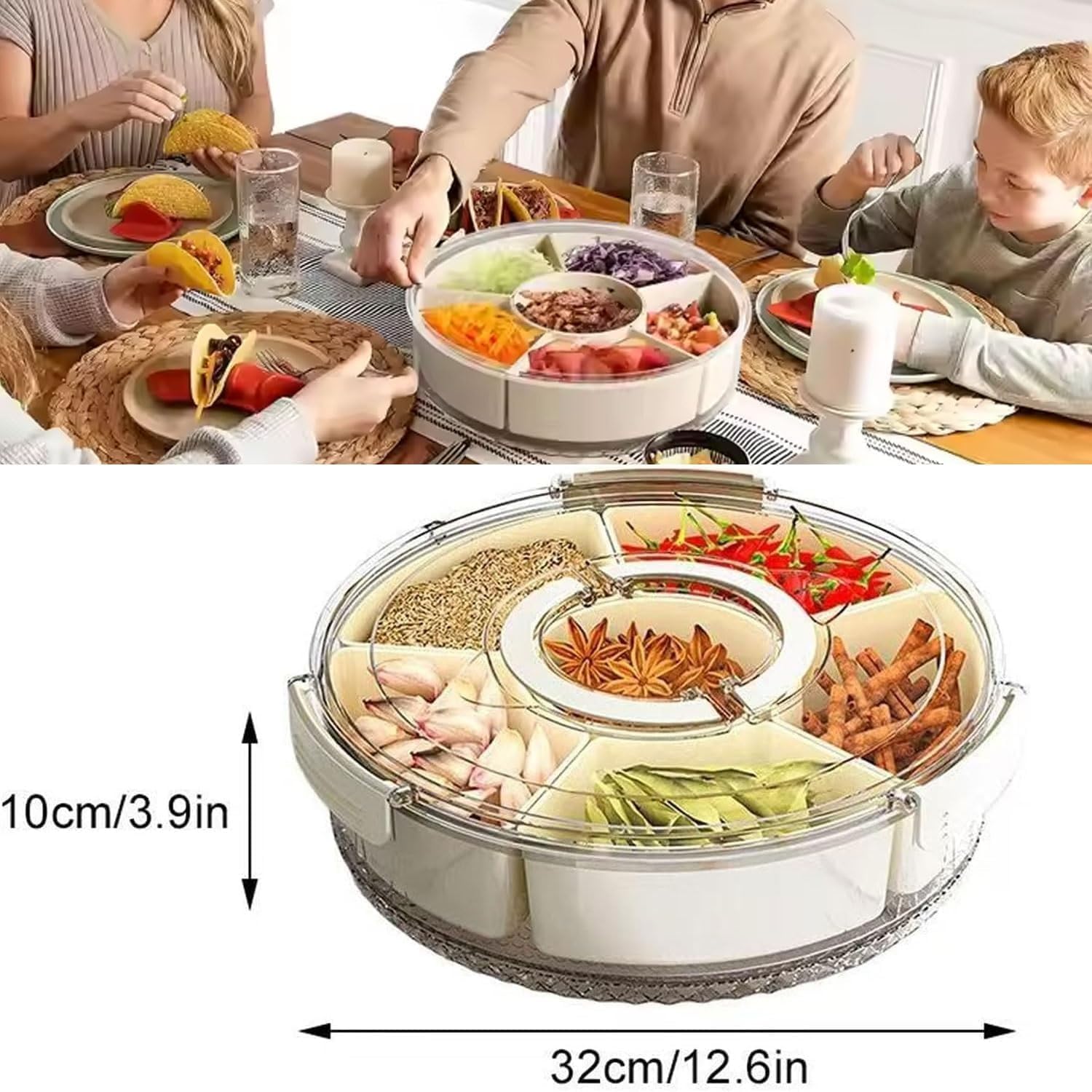 Sealed Rotating Vegetable Fruit Tray,12" Fruit Tray Veggie Platter with Lid and Handle,360 Rotatable Snack Tray,Divided Serving Tray,6 Compartment Snack Box Container (1pc)