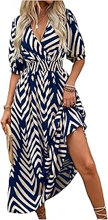 Women's Summer Half Sleeve Wrap V Neck Smocked A Line Midi Dress