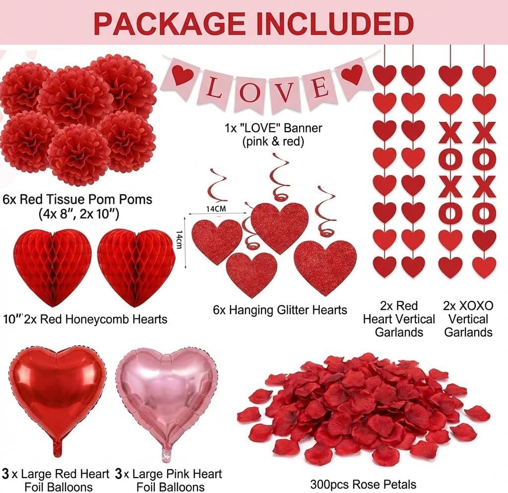 Valentine’s Day Decoration Kit - LOVE Banner, Heart Hanging Swirls, Red & Pink Paper Flowers, Rose Petals,Honeycombs, and Heart Foil Balloons for Wedding Anniversary Proposal Party Valentines Party - Image 4