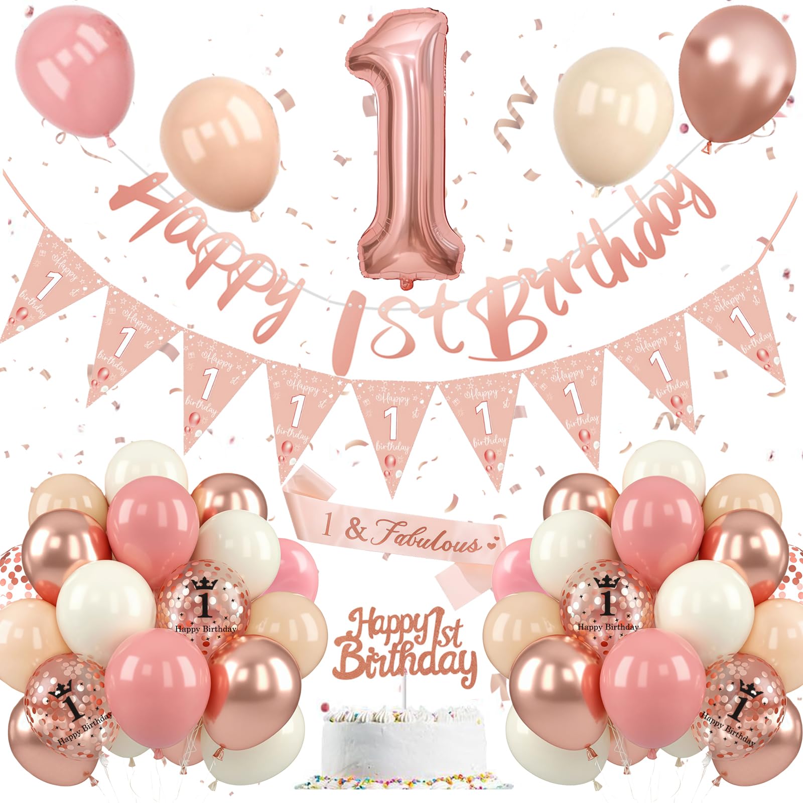 1st Birthday Decoration Rose Gold, Pink White 1st Birthday Balloons