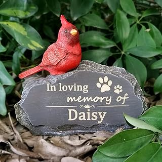 Rock Shaped Memorial Stone with Cardinal Bird Statue, Resin Pet Grave Marker for Outdoor, Dog Garden Stone, Bird Gravestone, Cat Headstone Handmade Sympathy Gift Custom with Pet Name&Paw, 7â€™â€™ Tall