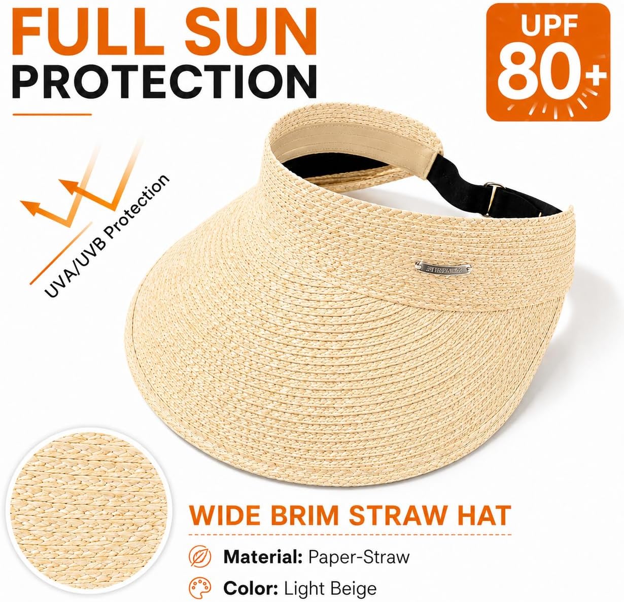 Women's Wide Brim Sun Hat Straw Sun Visor Hat, Natural Straw, Visor Cap UPF 50 Protection, Foldable Beach Hat with Ponytail image 2