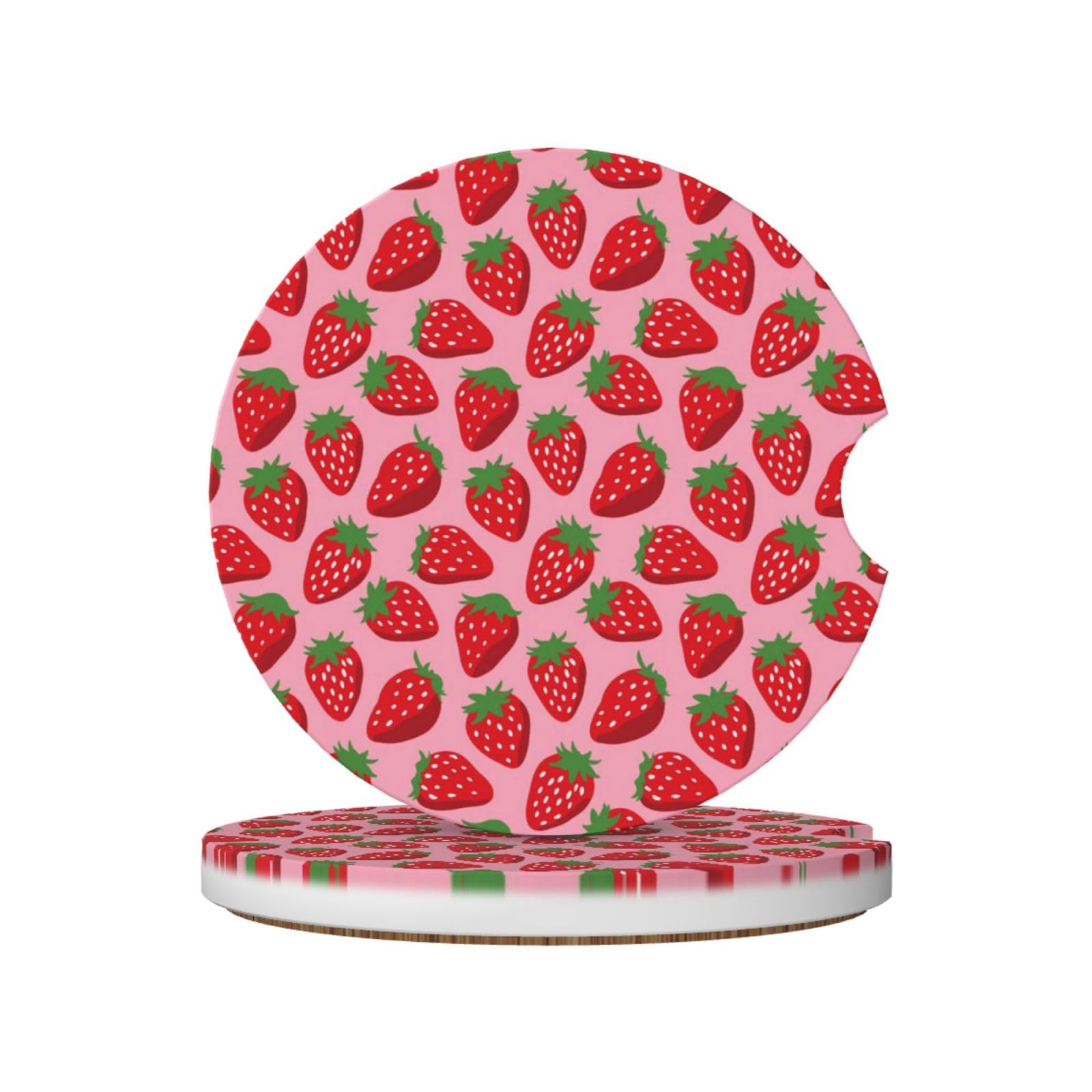 Strawberry, Car Cup Holder Coasters 2 Pack, Absorbent Ceramic Car Coasters with Non Slip Cork Base