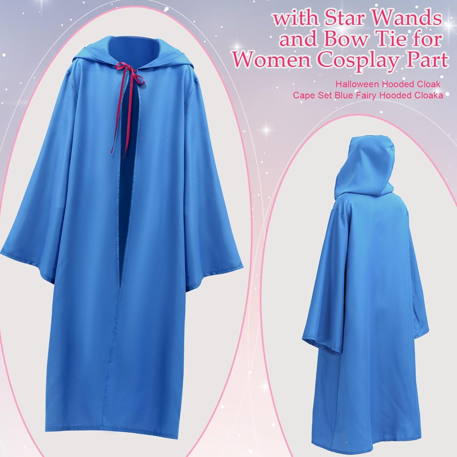 3 Pcs Halloween Blue Fairy Hooded Cloak Cape Include Blue Fairy Hooded Cloak Wands Bow Tie for Women Cosplay Party - Image 3