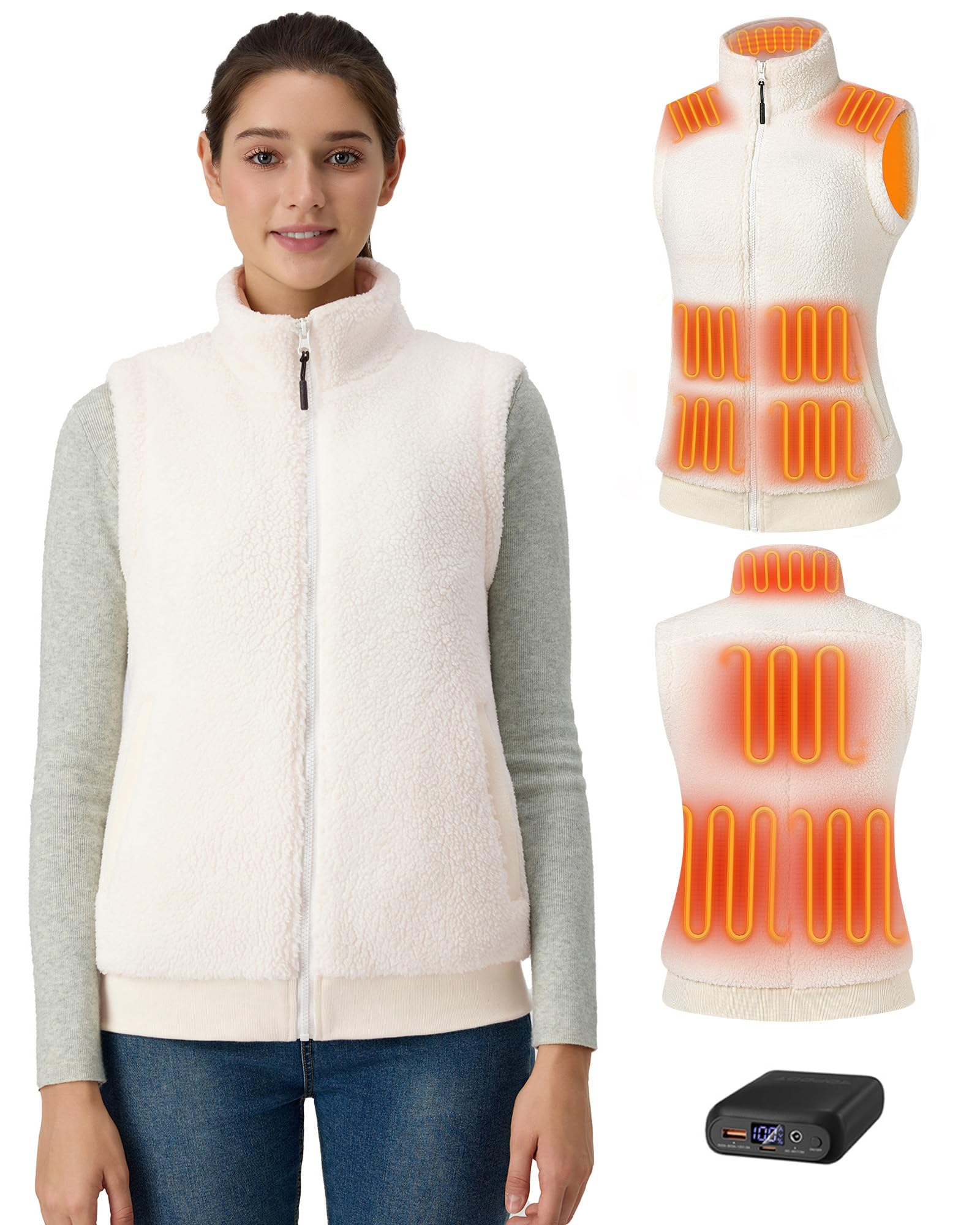 Topdot Fleece Heizweste Damen mit Powerbank 7.4V 16000mAh, 10 Heizzonen | Leicht Beheizbare Weste mit 3 Temperaturstufen, Geschenk für Radfahren, Camping, Outdoor-Arbeit im Winter, beige XS