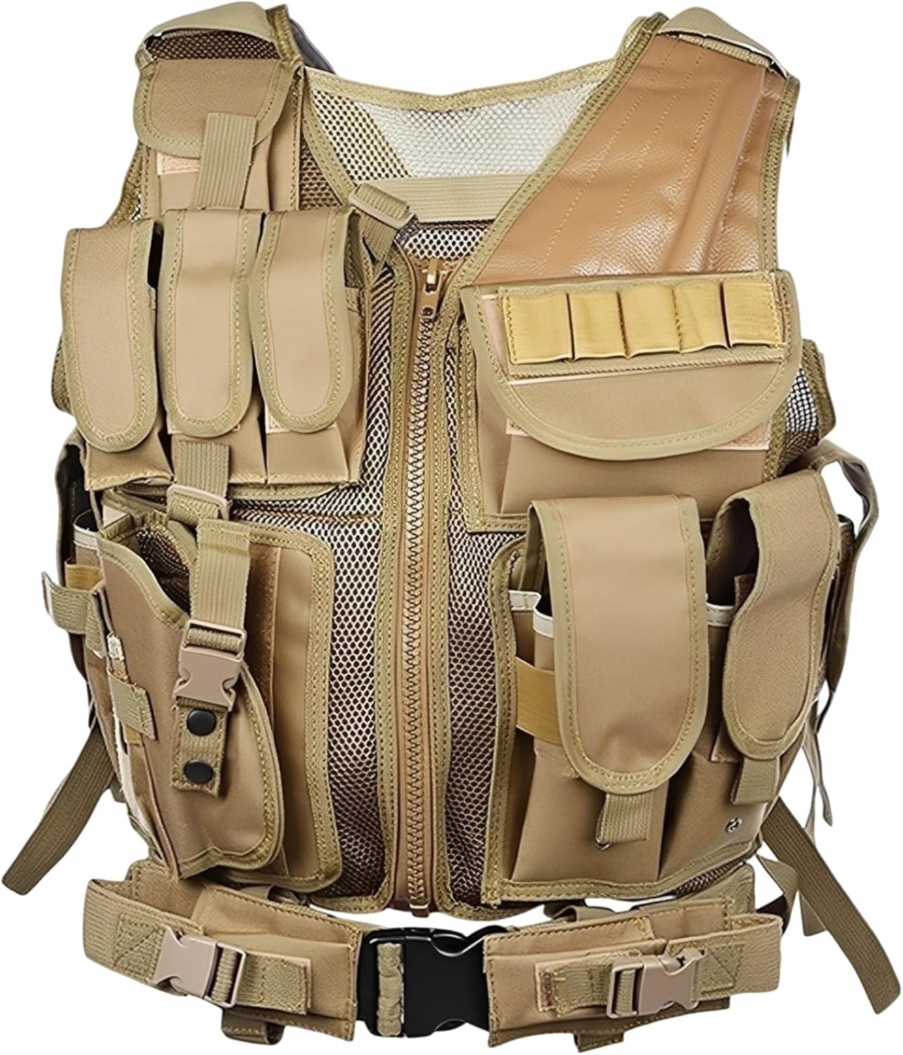 Khaki Airsoft Vest for Men, Combat Gear with Pouches, Breathable, Lightweight & Adjustable, 21.7 X 19.7 in