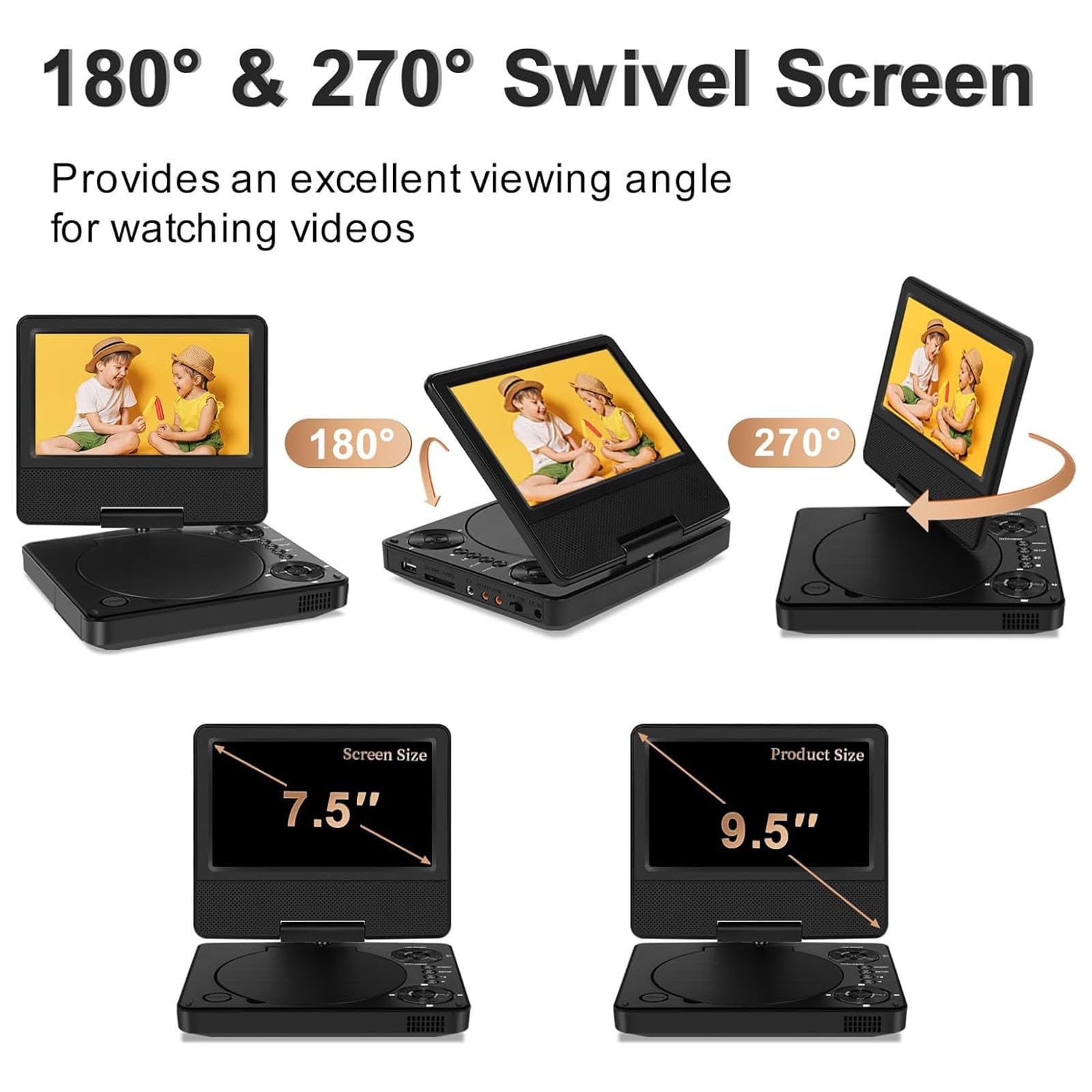Reproductor de DVD portátil All-Region para coche y niños con pantalla giratoria HD 7.5 - Soporta multiregión, auriculares, tarjeta SD, USB, entrada AV, salida AV
