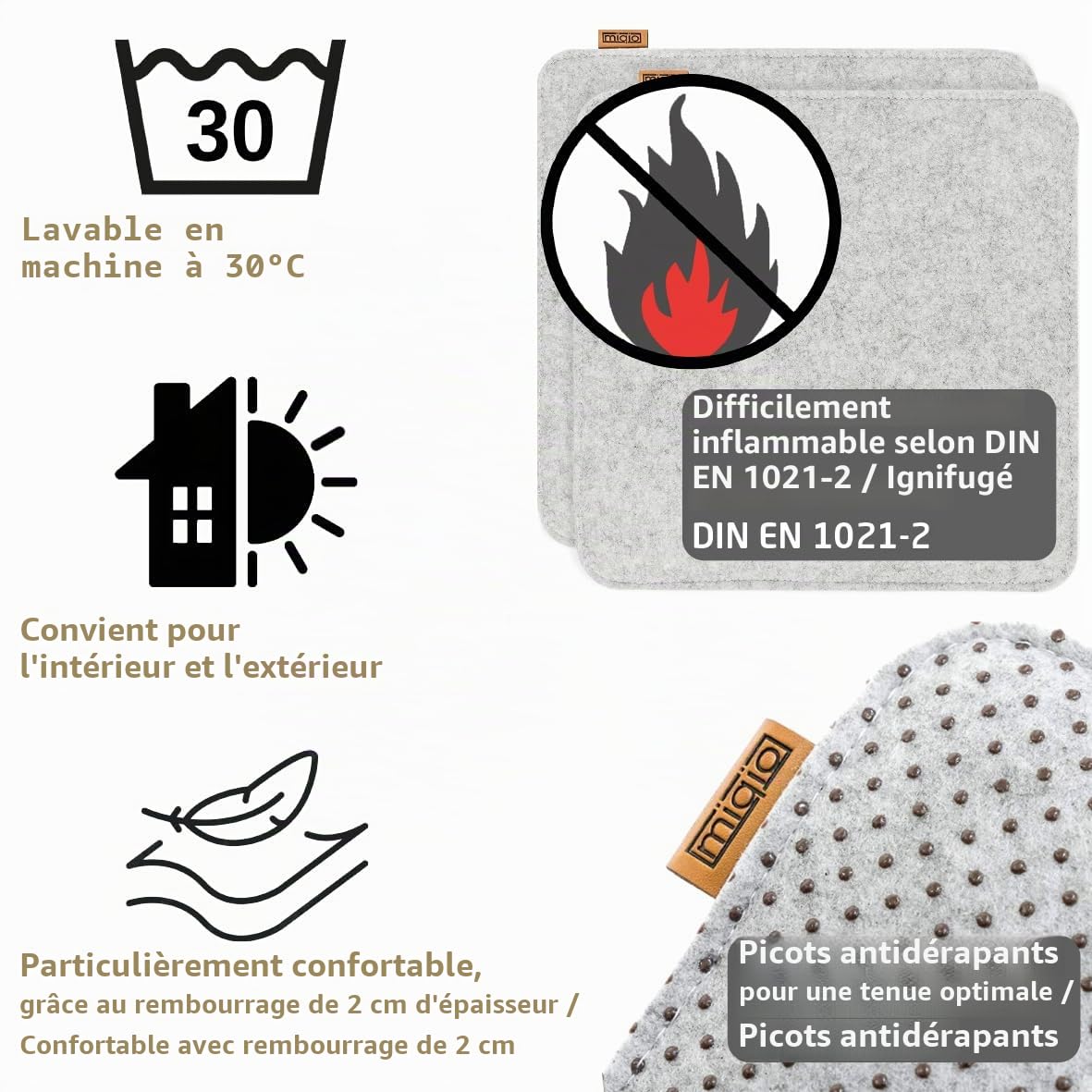 Miqio Design Coussins d'assise rectangulaires en Feutre 35x35 cm | Lot de 4 | Coussins de Chaise lavables antidérapants | Coussins de Jardin et de Banc Confortables